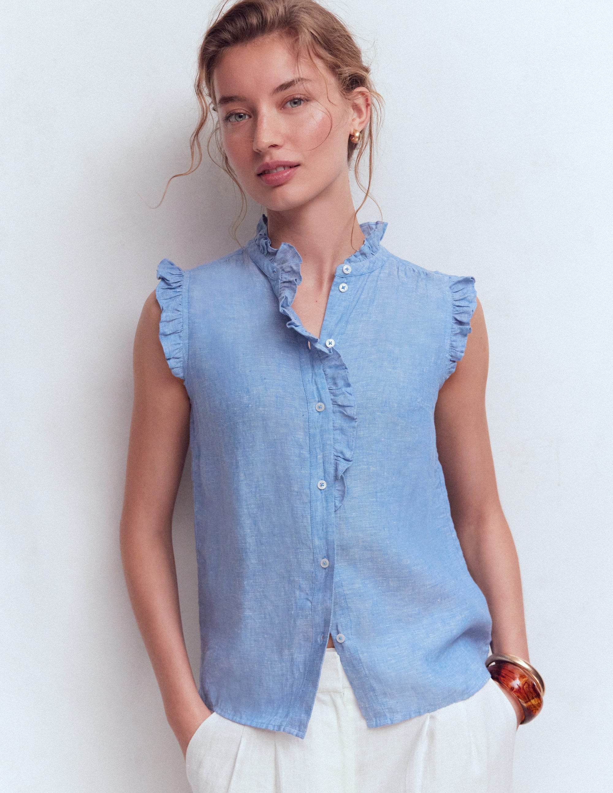 Isabel Ärmelloses Leinenoberteil-Blauer Faux-Uni - Image 5