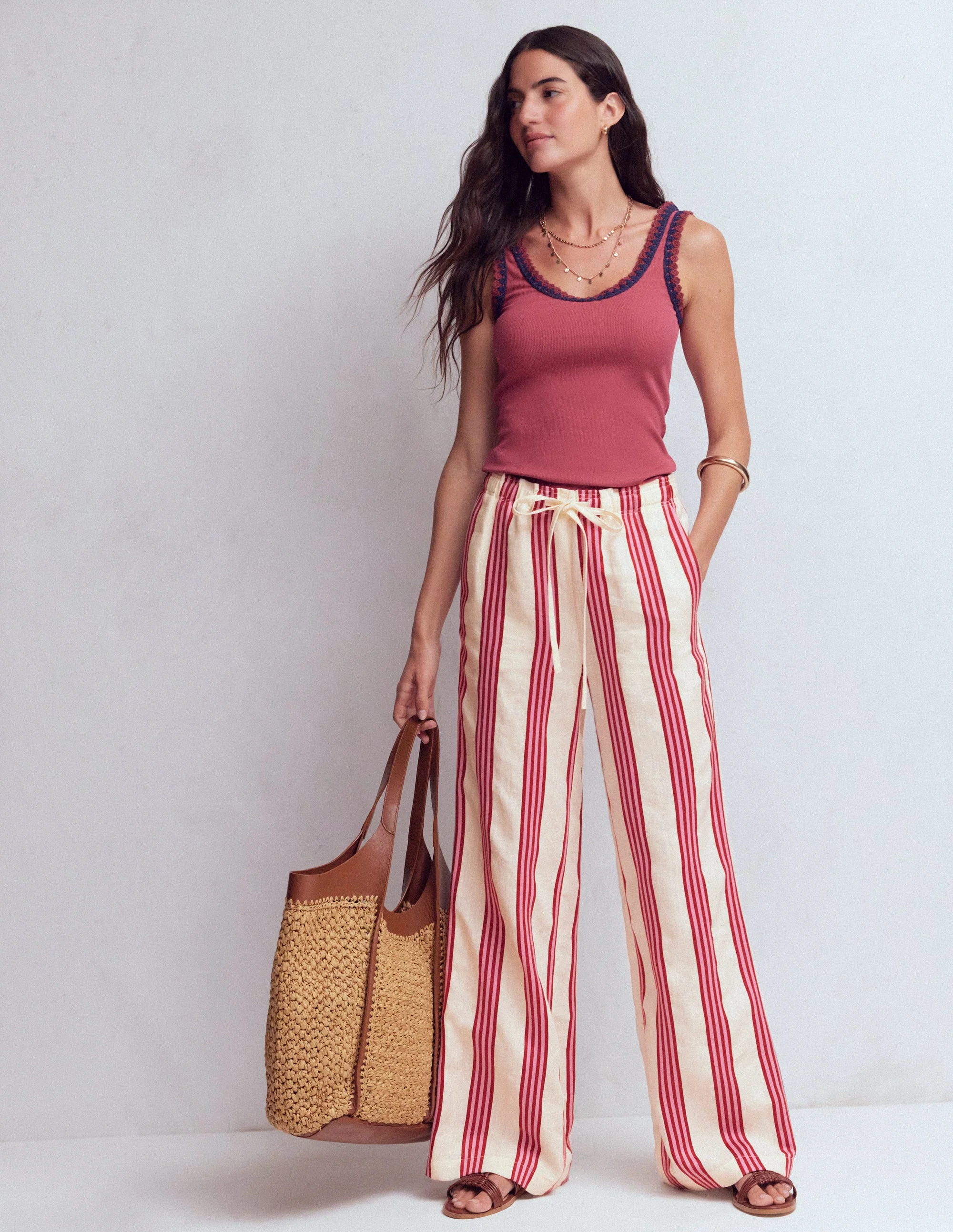 Islington Leinenhose-Naturweiß, Braun und Rosa Streifen