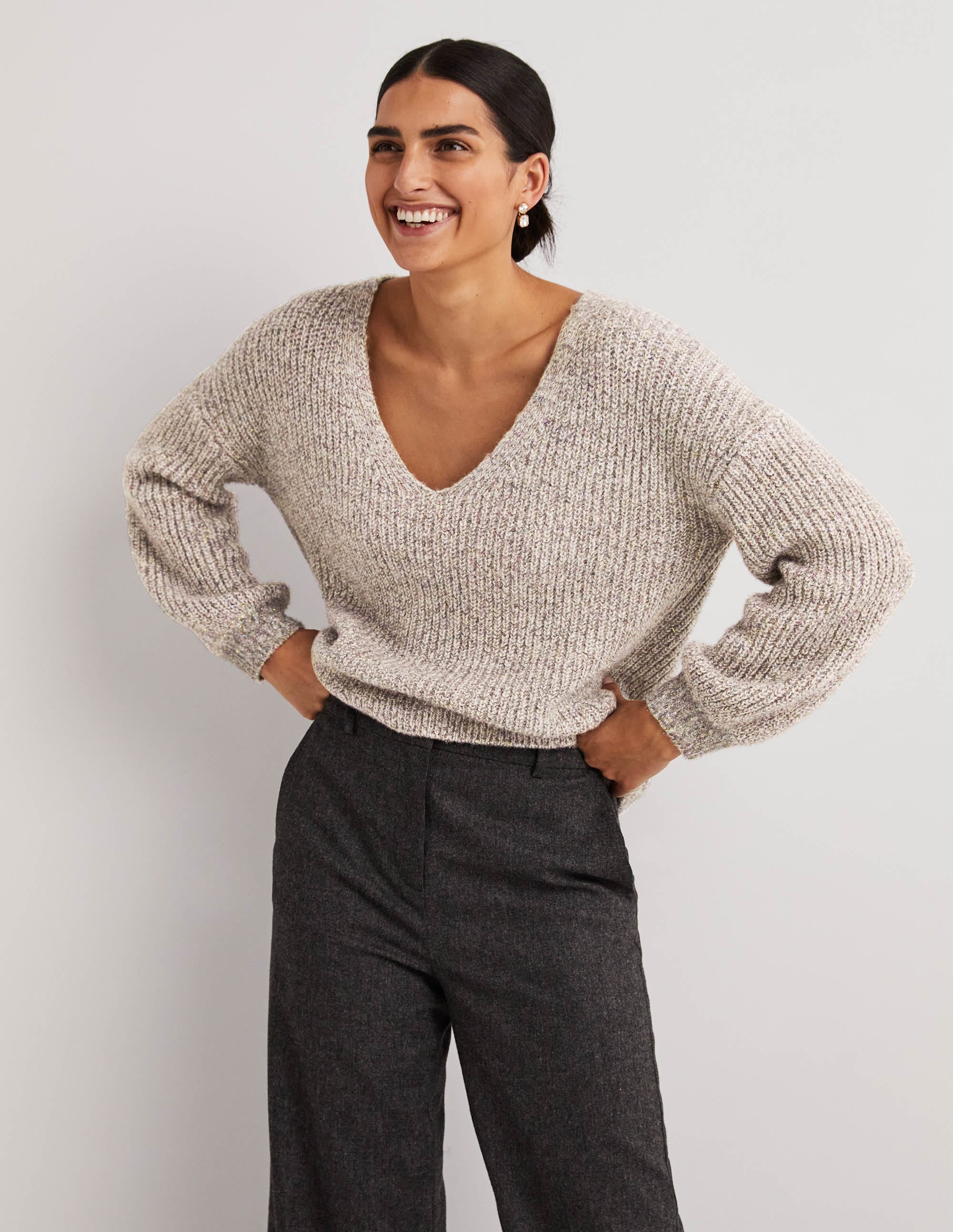 Ivory Sparkle Ribbed Fluffy V-Neck Jumper-Naturweiß, Glitzer