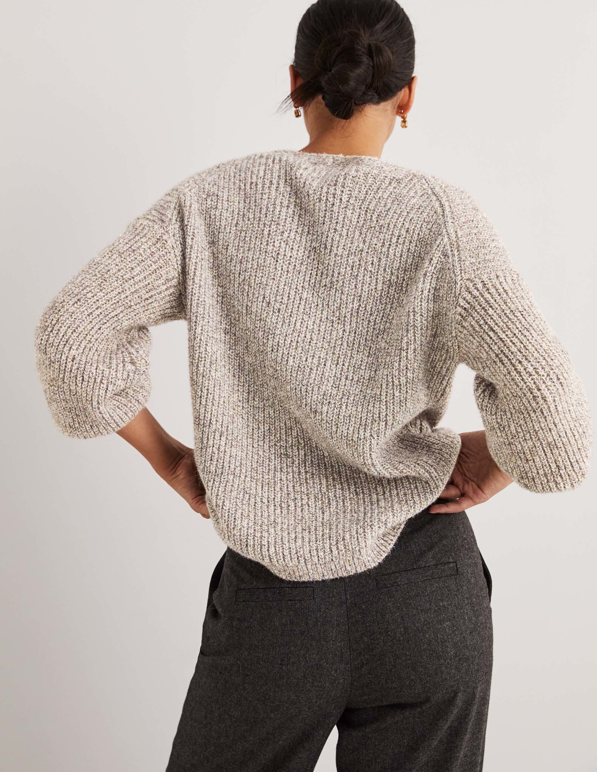 Ivory Sparkle Ribbed Fluffy V-Neck Jumper-Naturweiß, Glitzer - Image 3