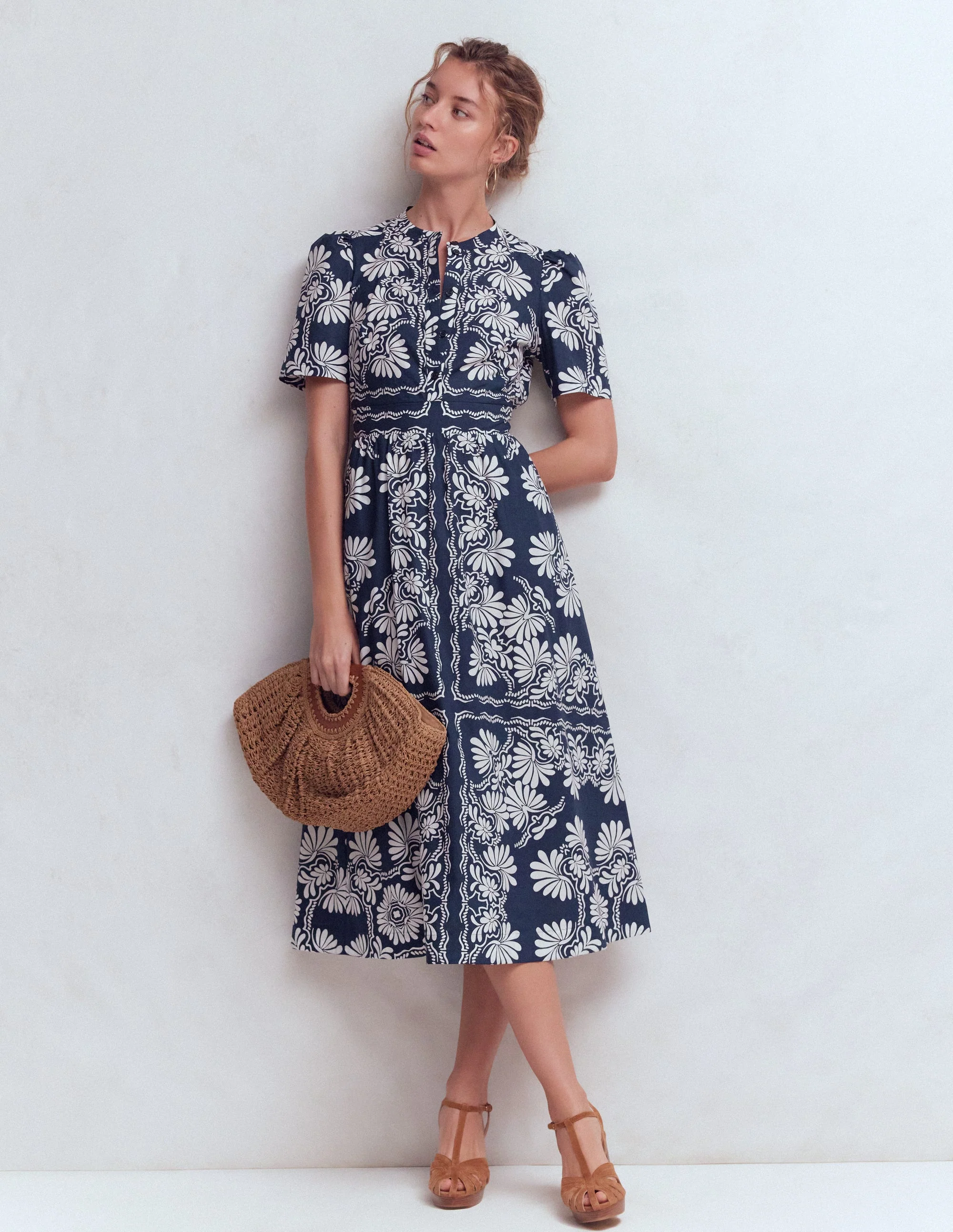 Ivy Baumwoll-Midikleid-Französisch Marineblau Botanischer Charme