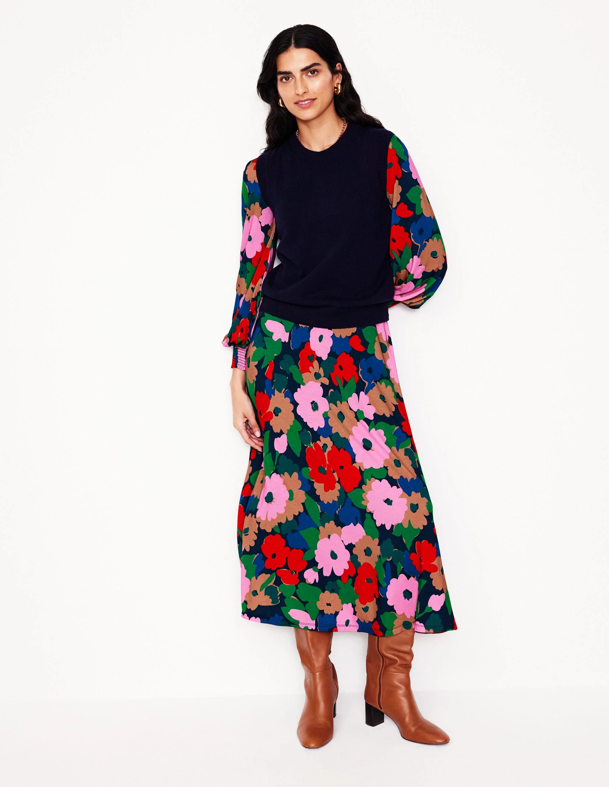 Ivy Gesmoktes Midikleid-Bunt, Malerische Wiese