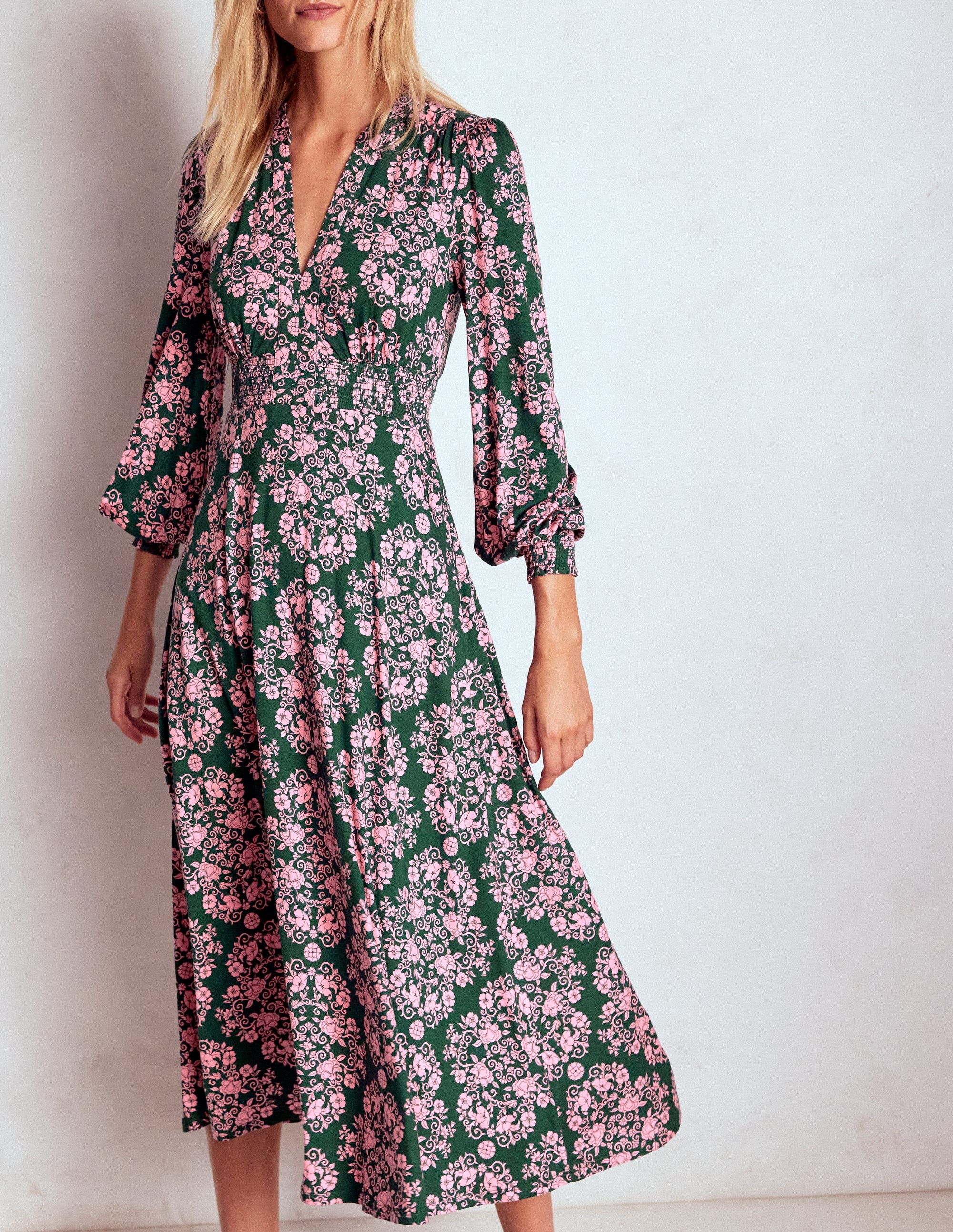 Ivy Gesmoktes Midikleid-Grün, Gitterornament - Image 3