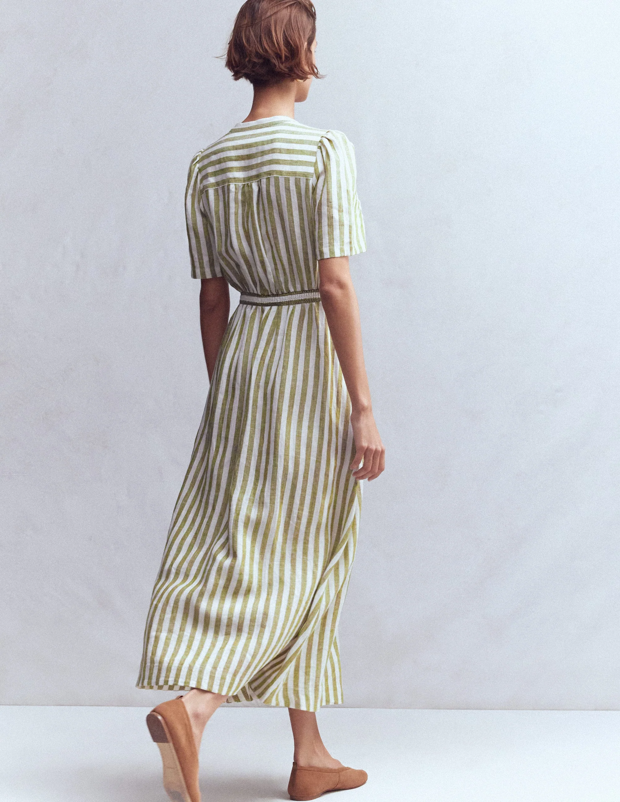 Ivy Midikleid aus Leinen-Olivgrün, Naturweiß Streifen - Image 3