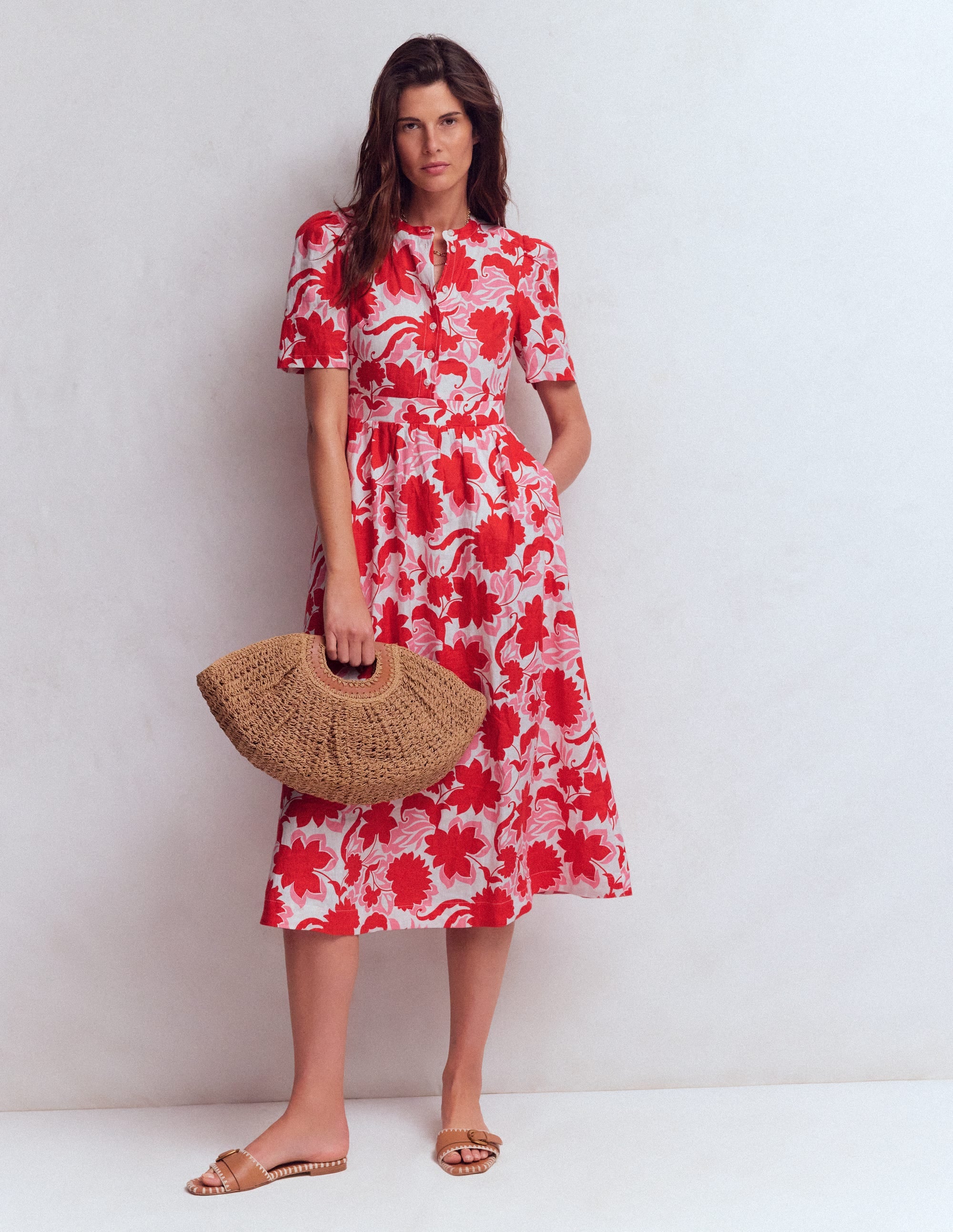 Ivy Midikleid aus Leinen-Rot Schattenblüte