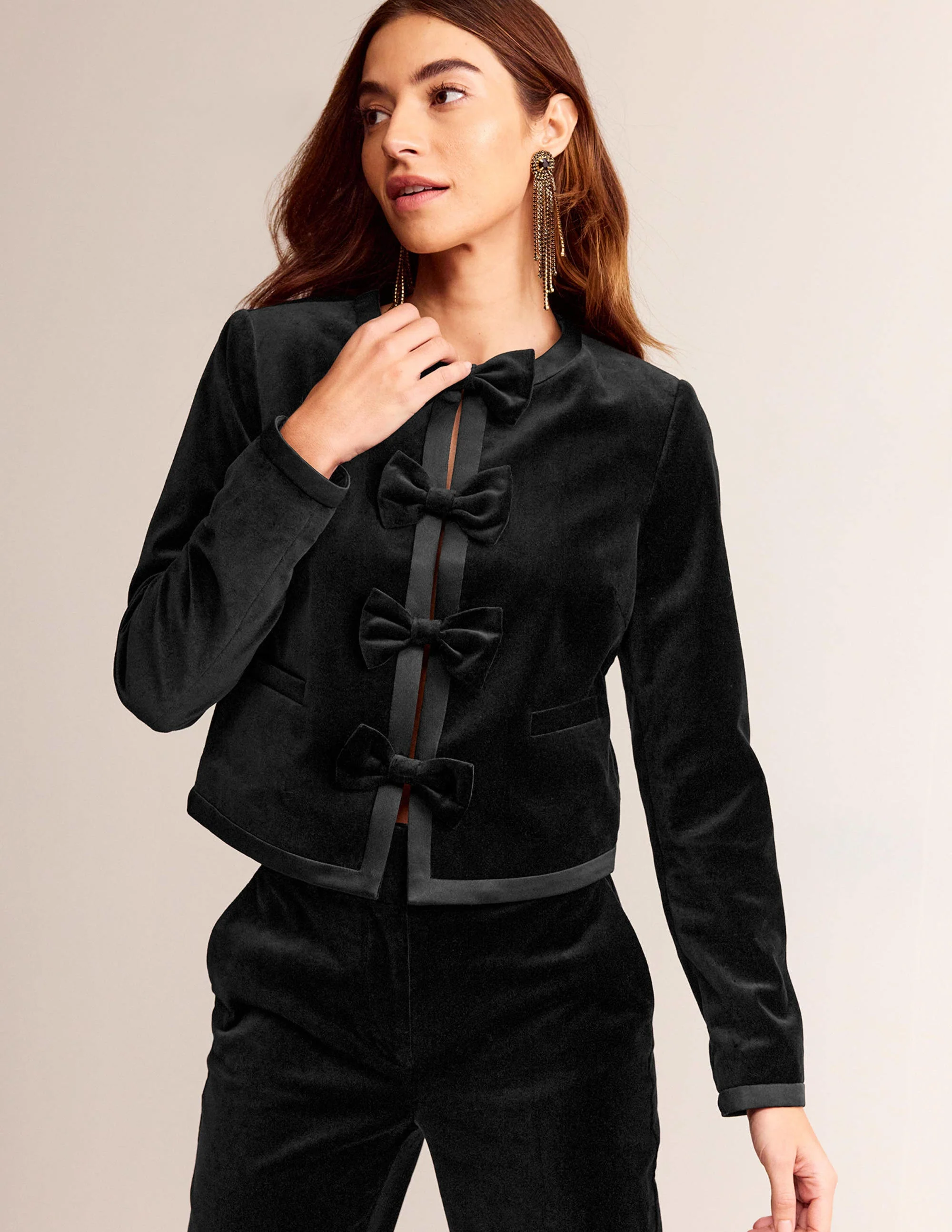 Jacke ohne Kragen mit Schleifen-Schwarz - Image 4