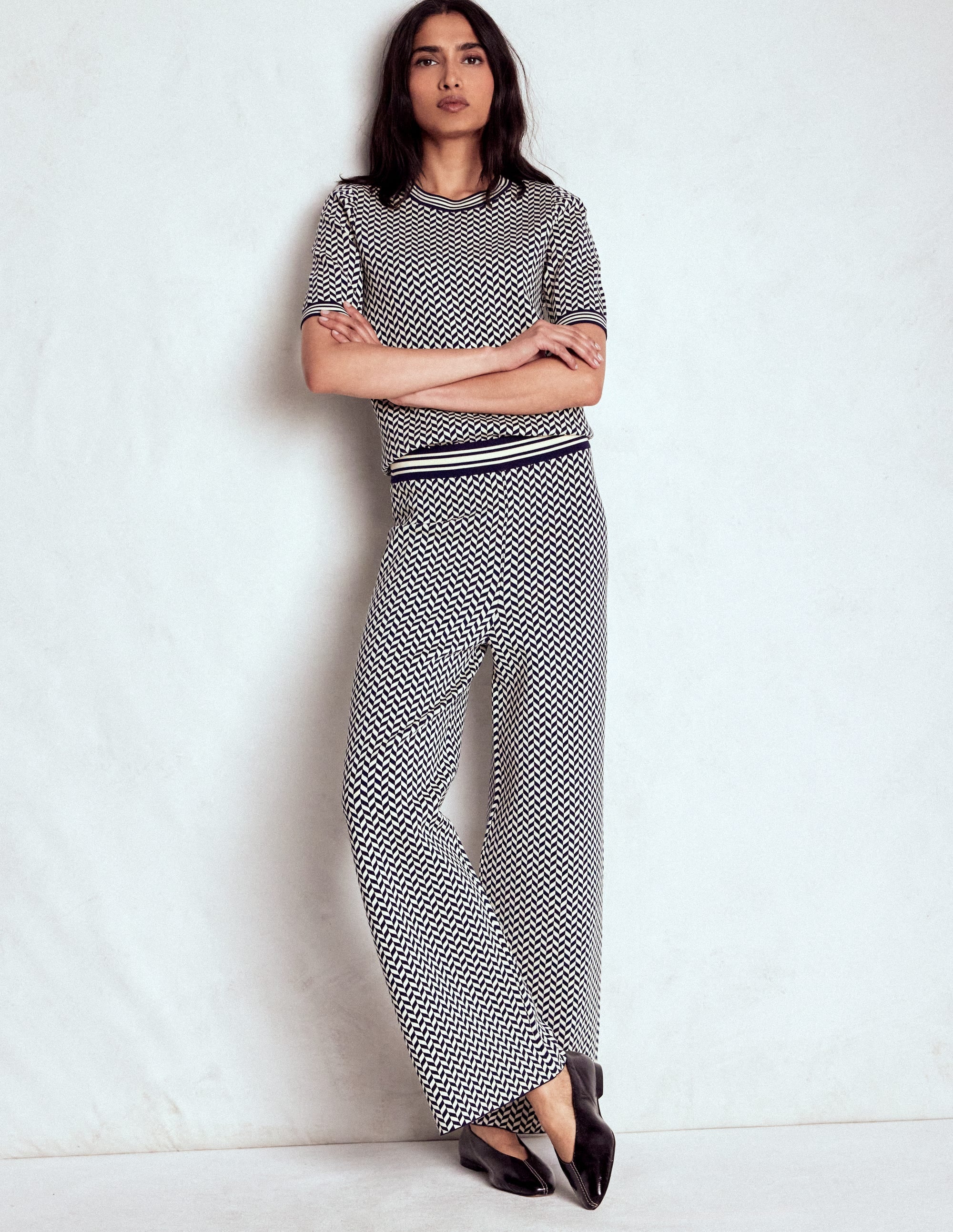 Jacquard-Strickhose-Geo Marineblau und Naturweiß Jacquard