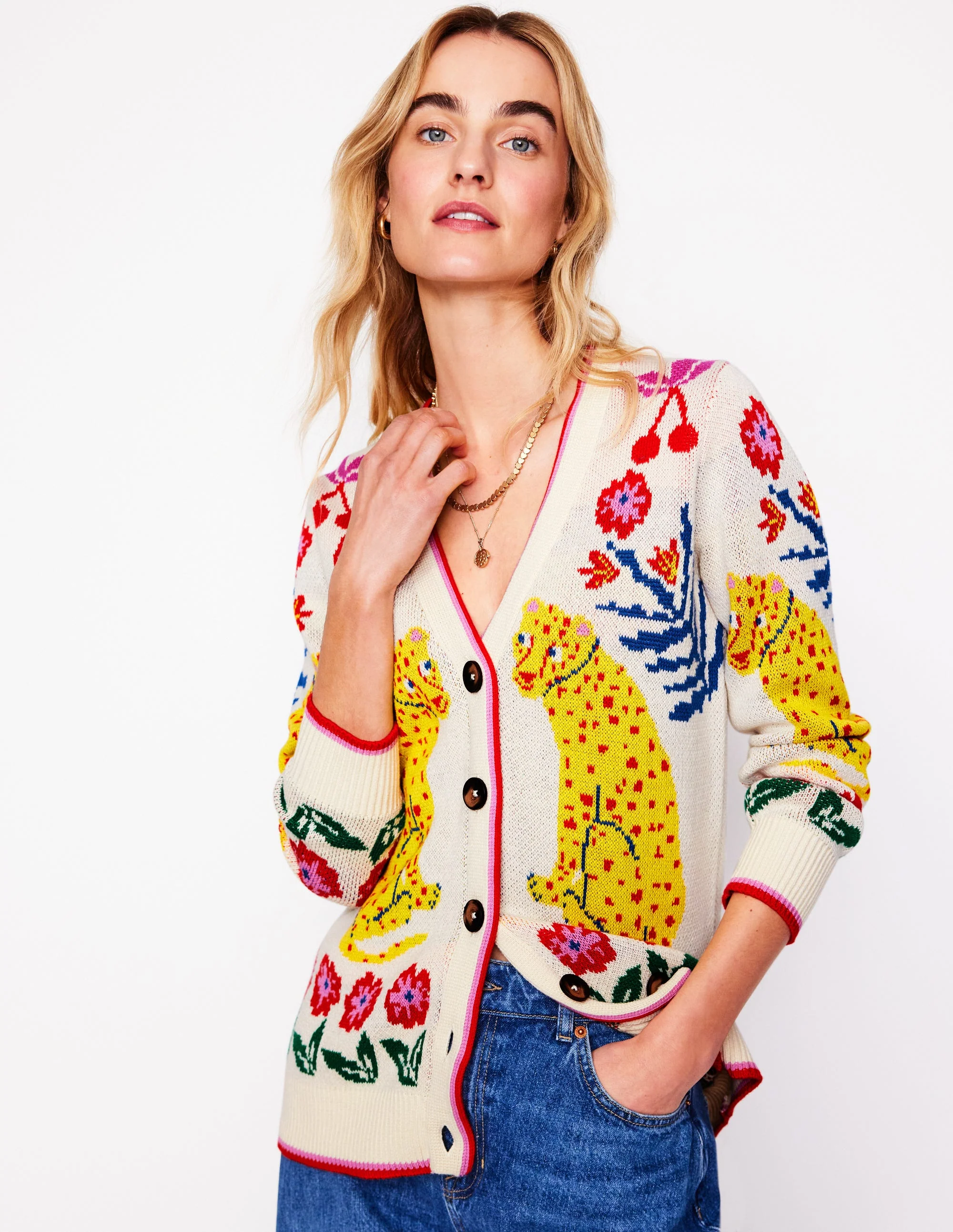 Jacquard-Strickjacke im Boyfriend-Stil-Warmes Naturweiß, Leopard