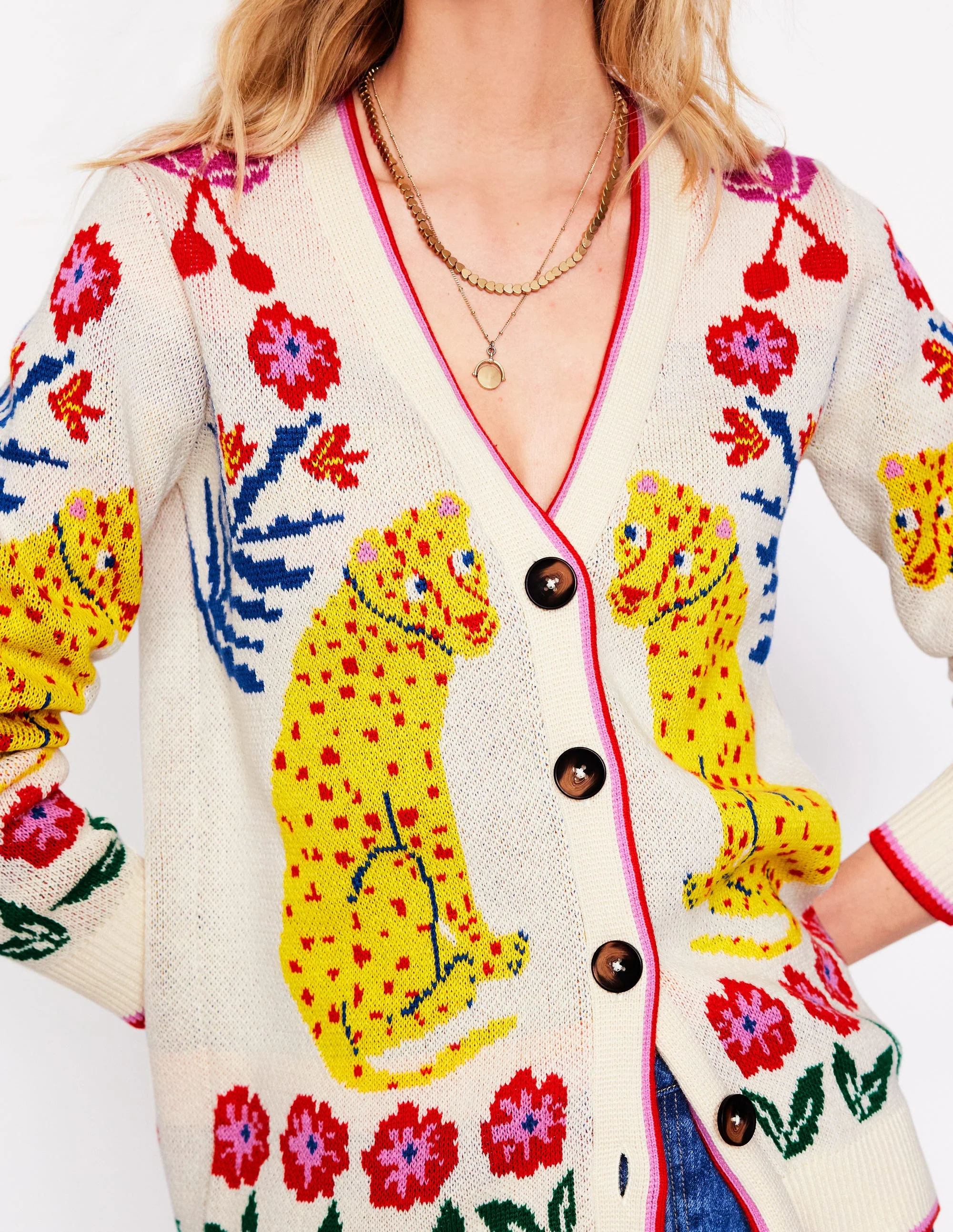 Jacquard-Strickjacke im Boyfriend-Stil-Warmes Naturweiß, Leopard - Image 3