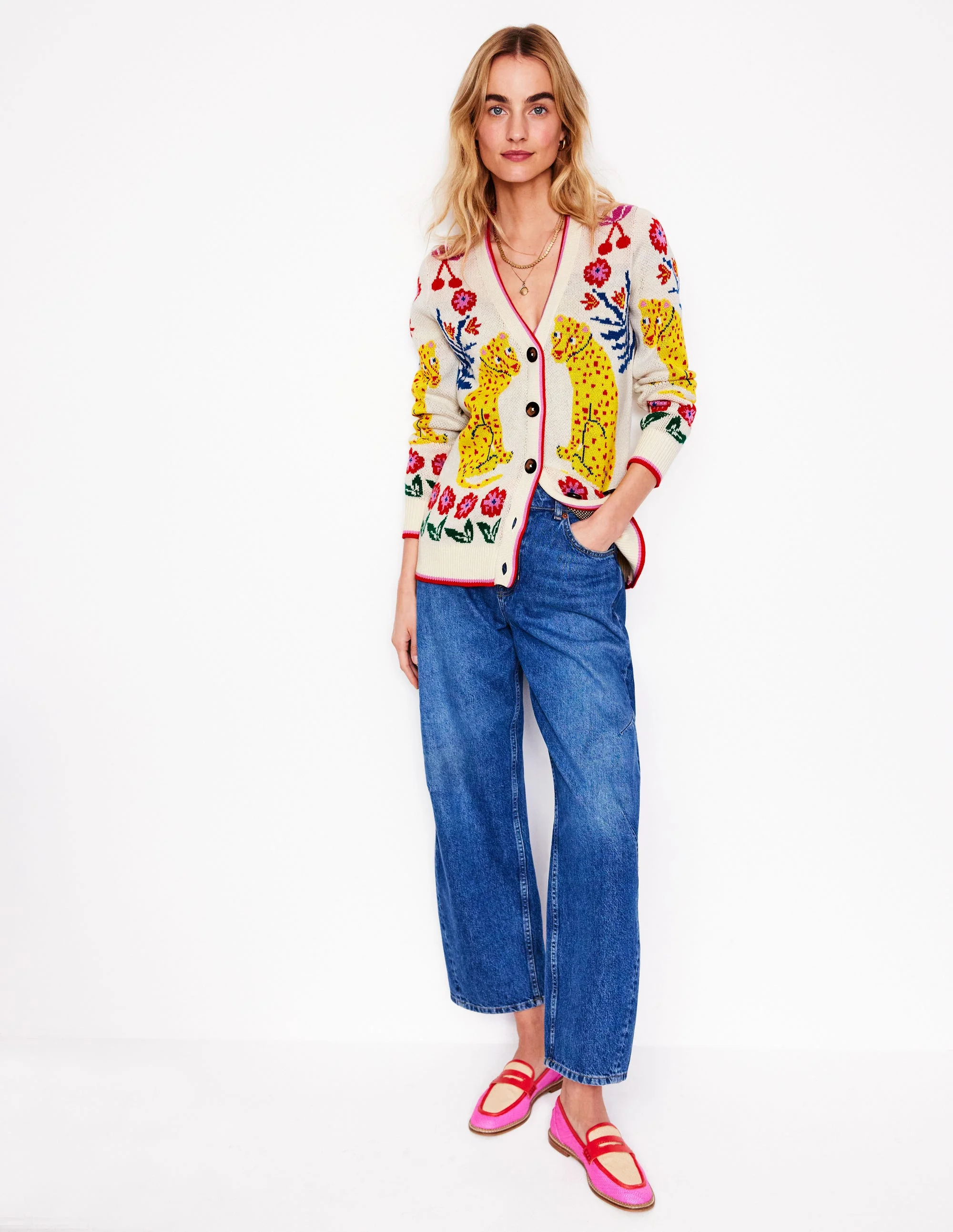 Jacquard-Strickjacke im Boyfriend-Stil-Warmes Naturweiß, Leopard - Image 4