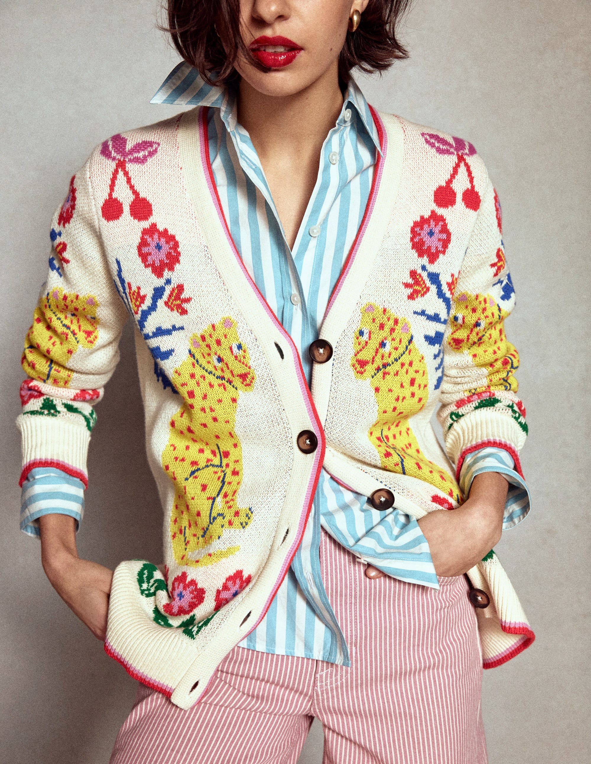 Jacquard-Strickjacke im Boyfriend-Stil-Warmes Naturweiß, Leopard - Image 6