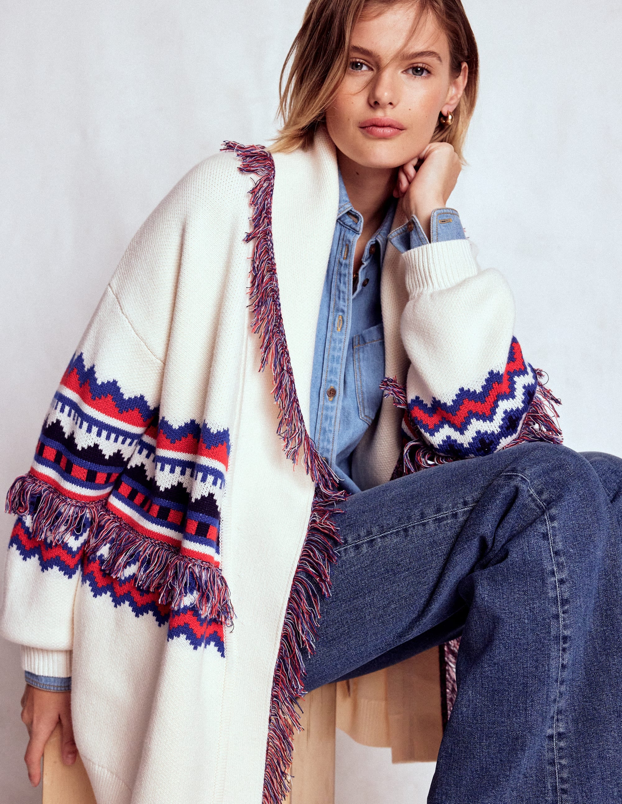 Jacquard-Strickjacke mit Fransen-Warmes Naturweiß Meliert