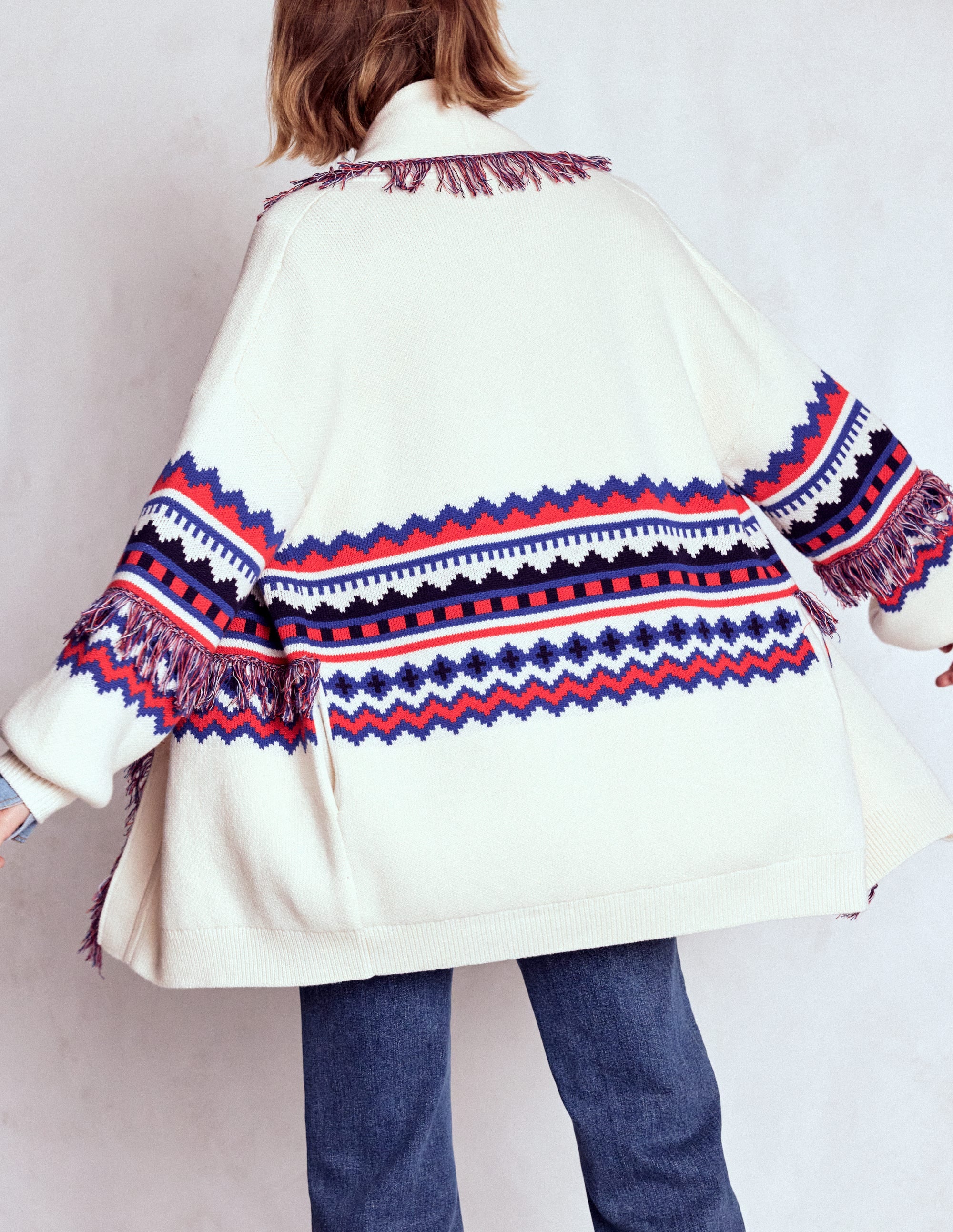 Jacquard-Strickjacke mit Fransen-Warmes Naturweiß Meliert - Image 3