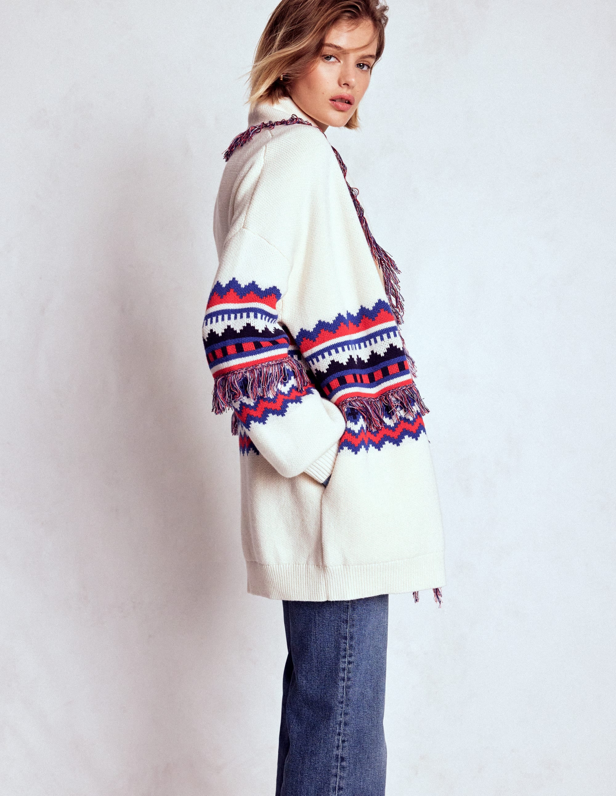 Jacquard-Strickjacke mit Fransen-Warmes Naturweiß Meliert - Image 4