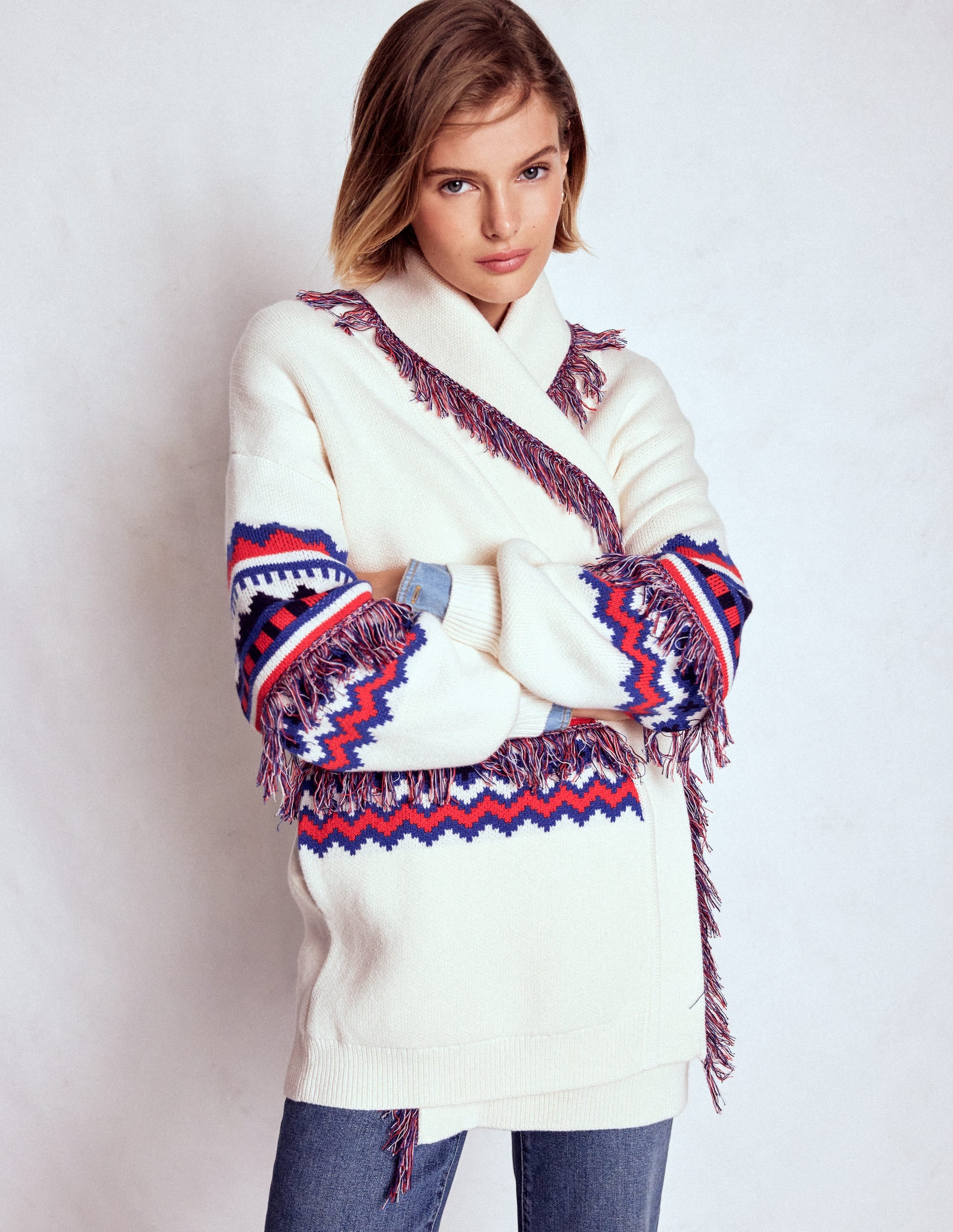 Jacquard-Strickjacke mit Fransen-Warmes Naturweiß Meliert - Image 5
