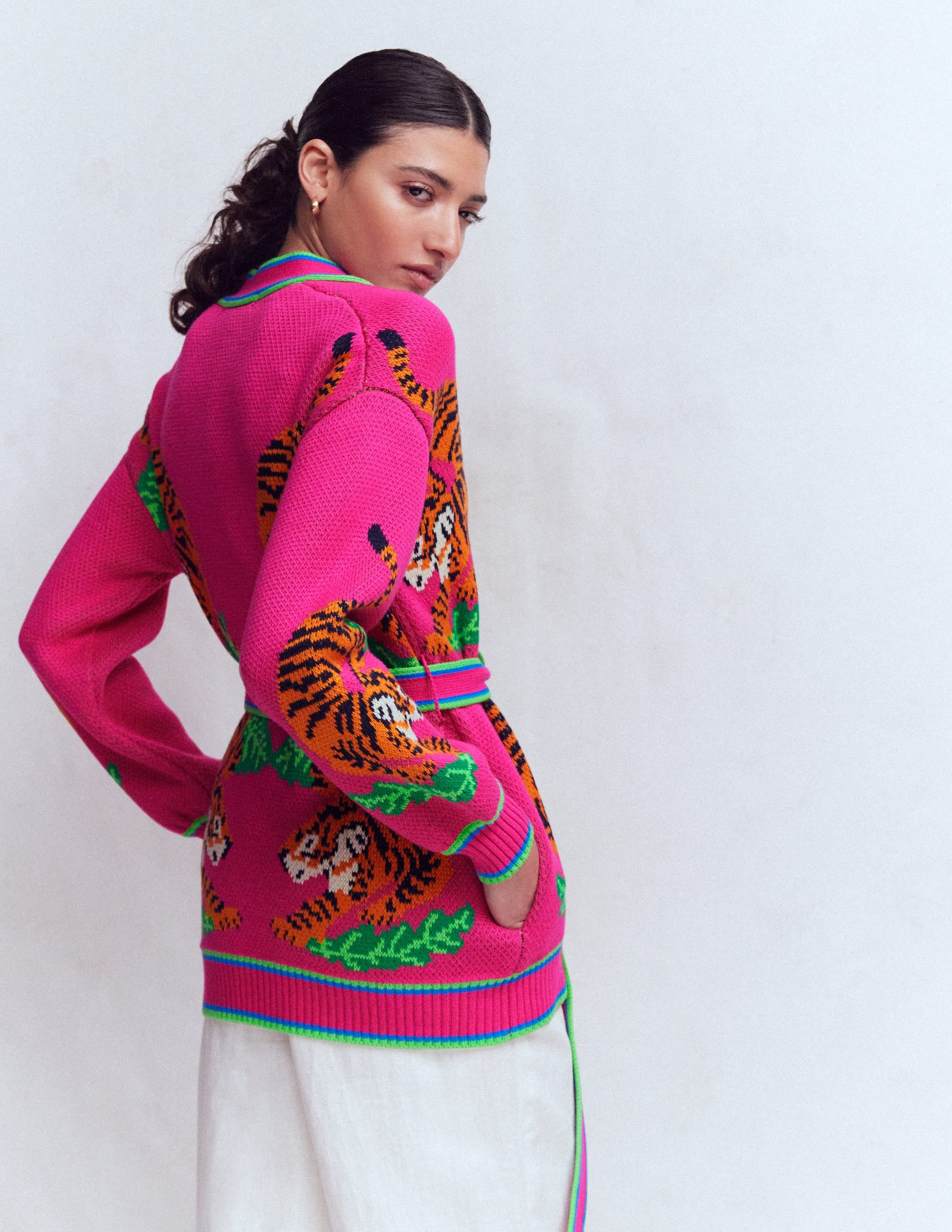 Jacquard-Strickjacke mit Gürtel-Rosa Schafgarbe Tiger - Image 4