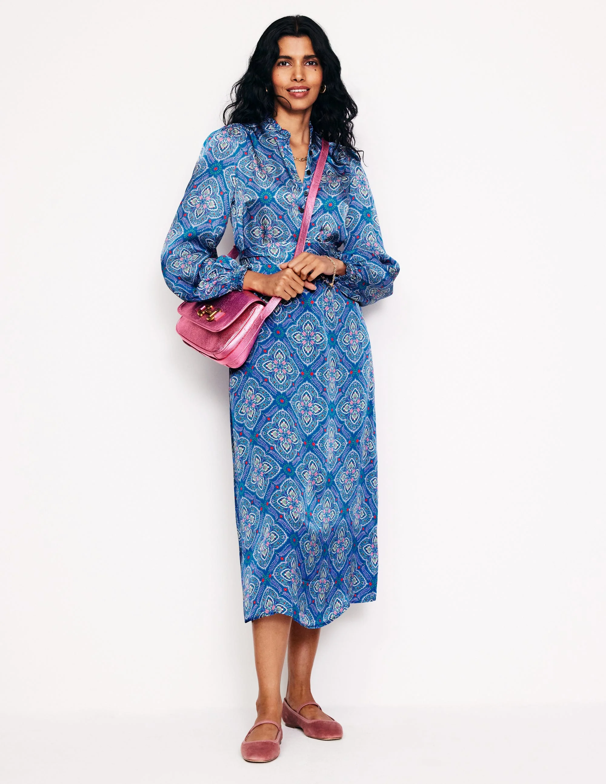 Jasmine Midikleid aus Satin-Directoire-Blau, Ziermosaik - Image 5