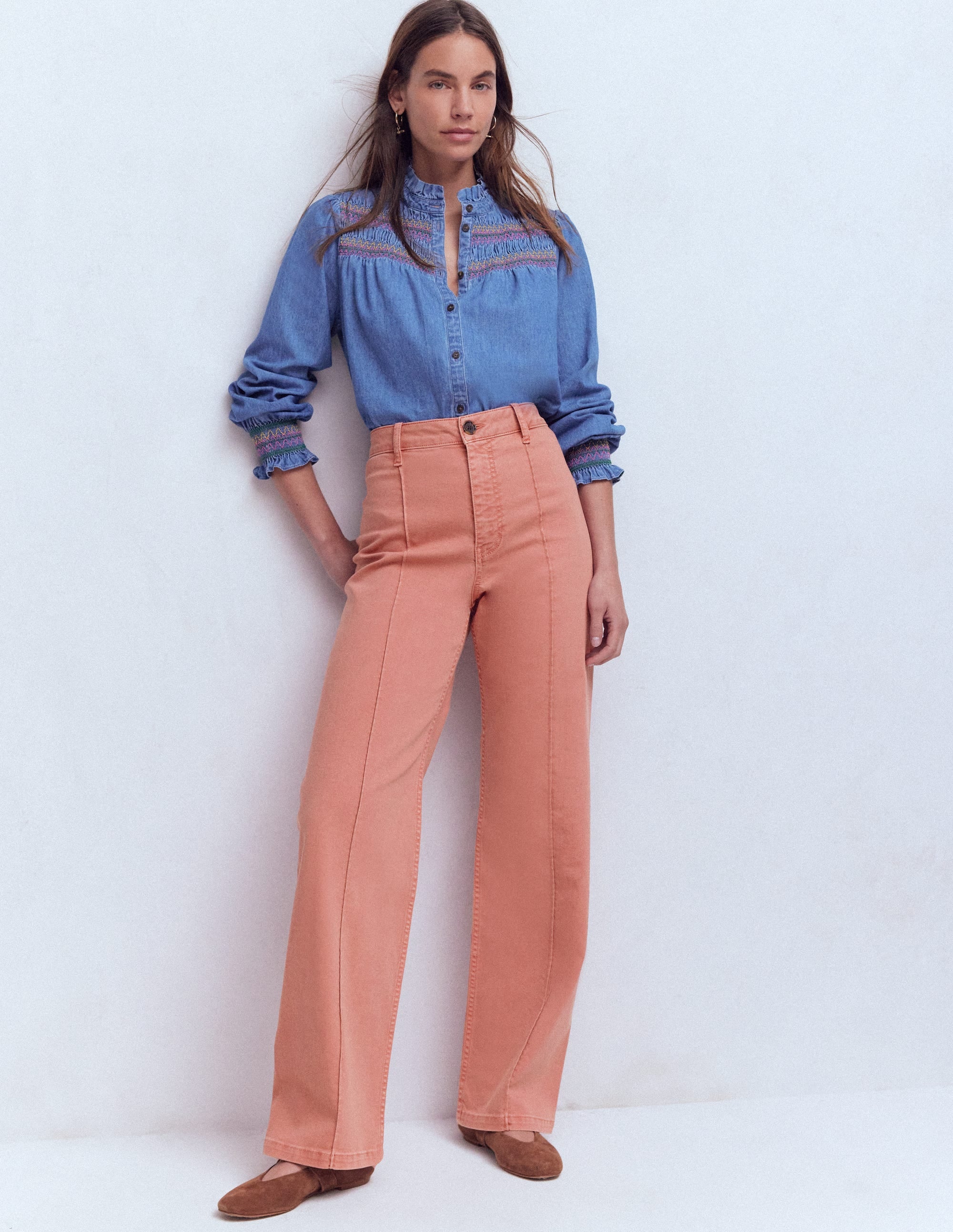 Jeans mit Biesen und geradem, weitem Bein-Mandelblütenrosa