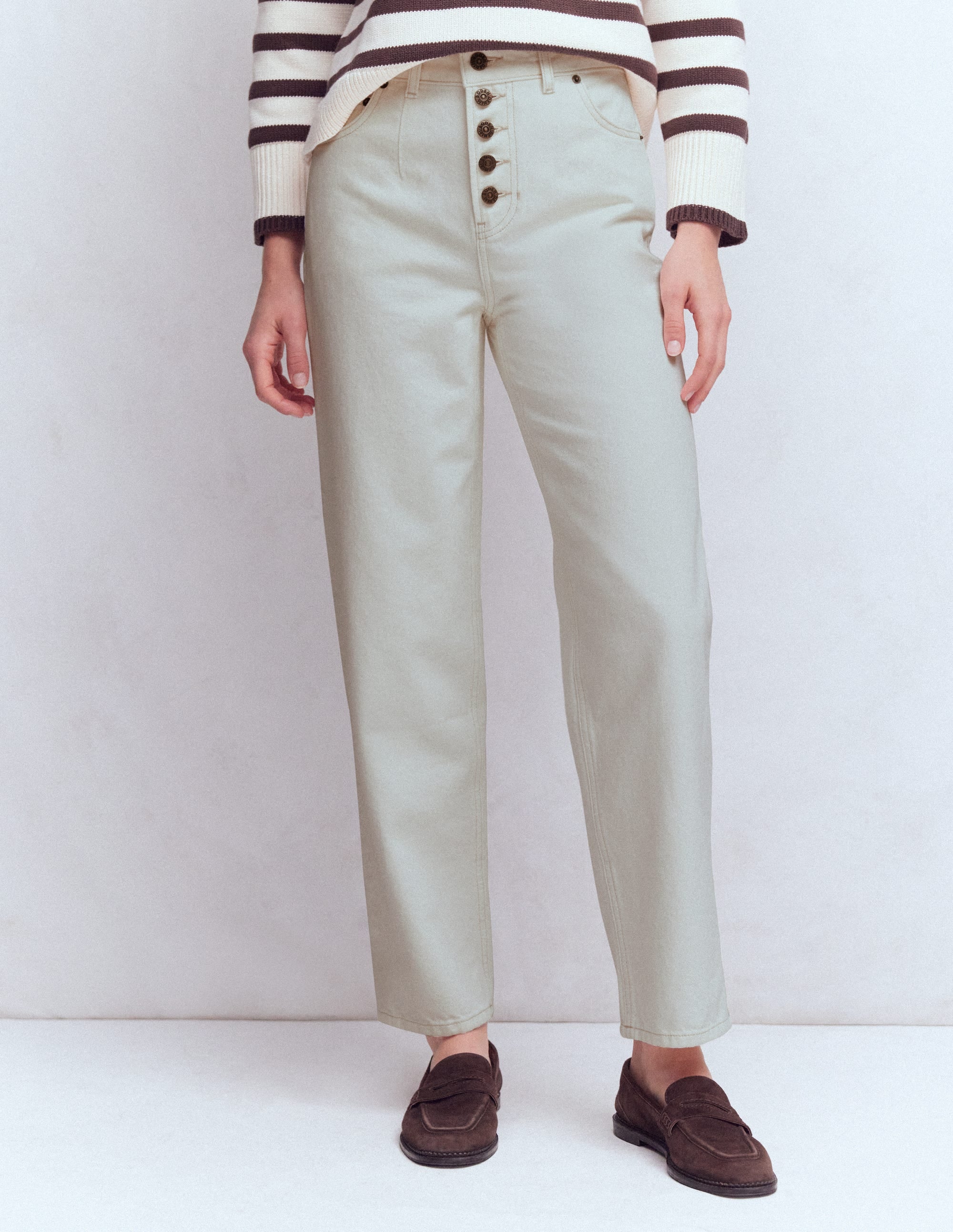 Jeans mit geradem Bein und sichtbarer Knopfleiste-Beige - Image 4
