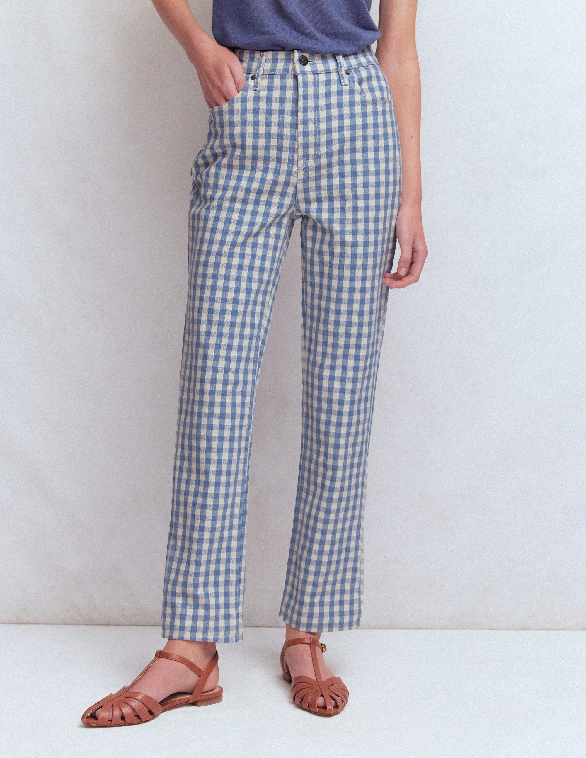 Jeans mit hohem Bund und geradem Bein-Blau Karo - Image 4