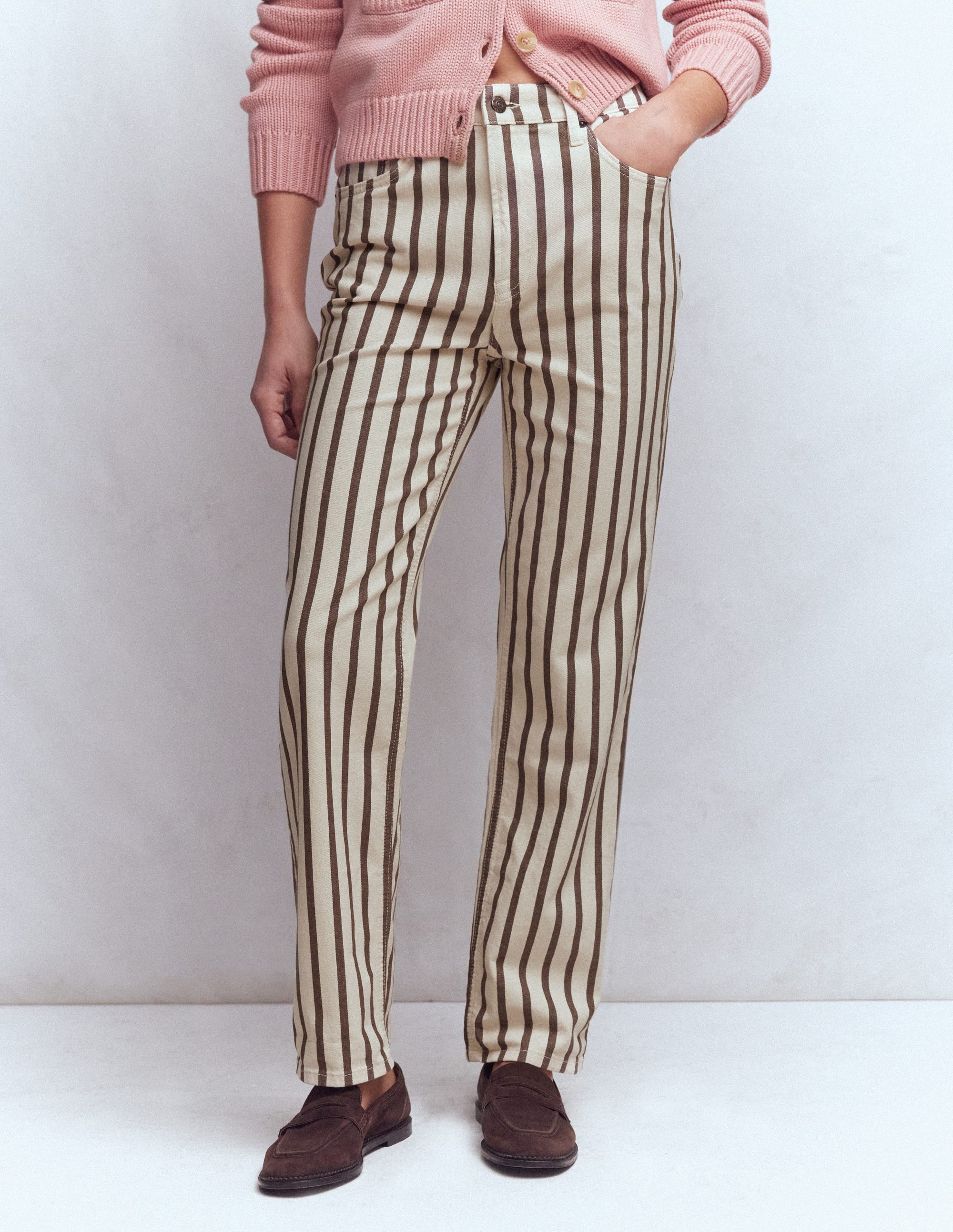 Jeans mit hohem Bund und geradem Bein-Braun Beige Streifen - Image 4