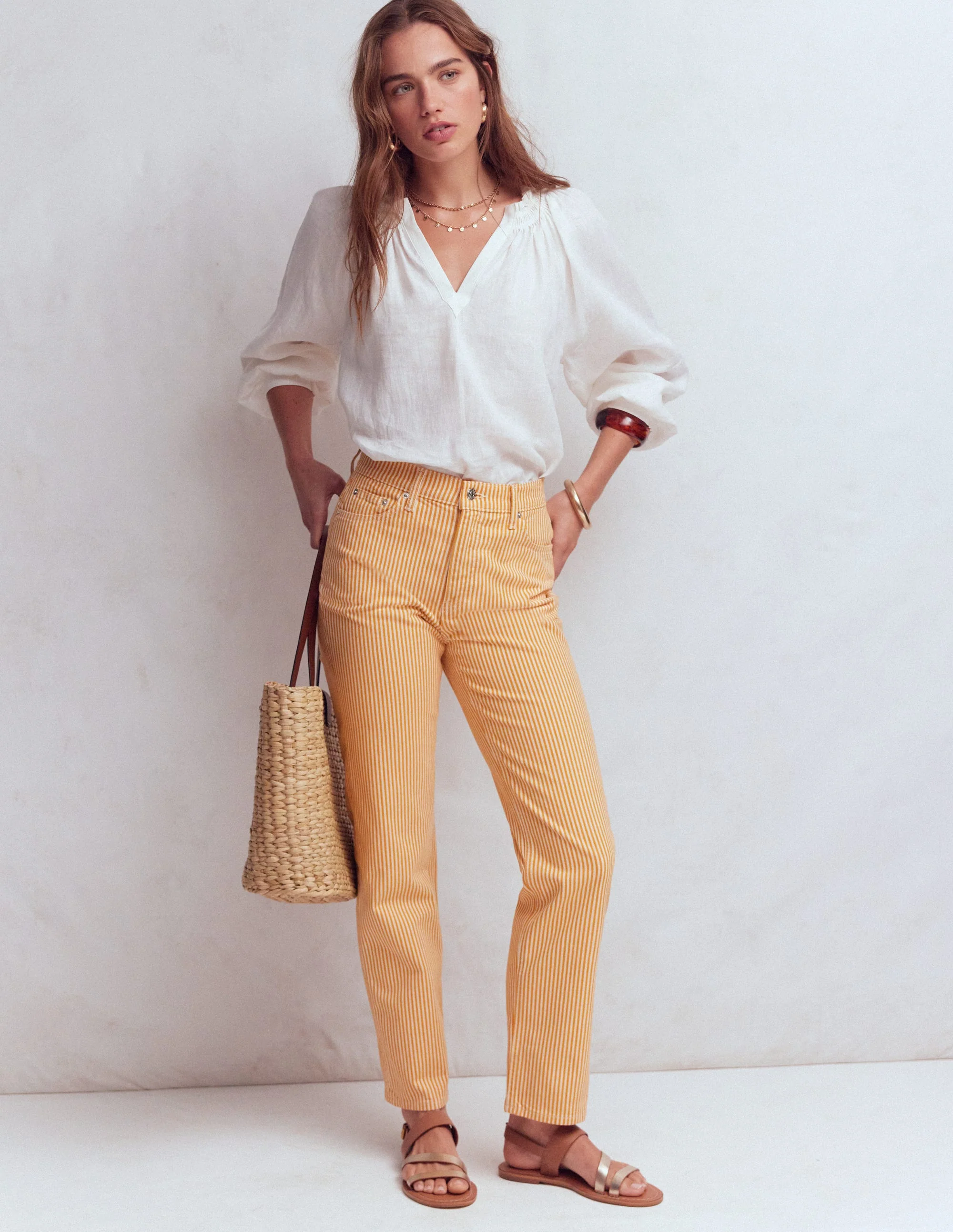 Jeans mit hohem Bund und geradem Bein-Gelb Streifen