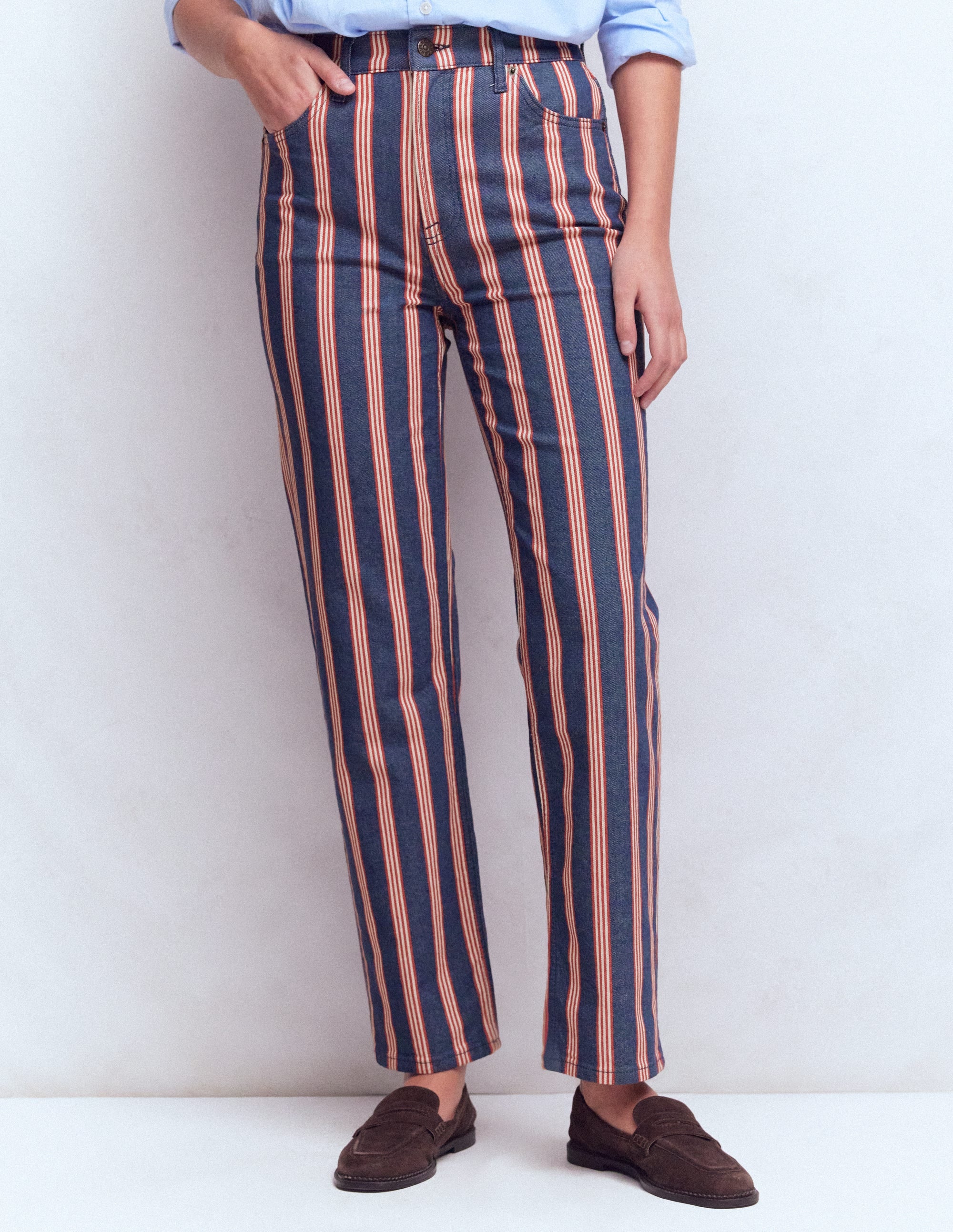 Jeans mit hohem Bund und geradem Bein-Marineblau & Rot Streifen - Image 4