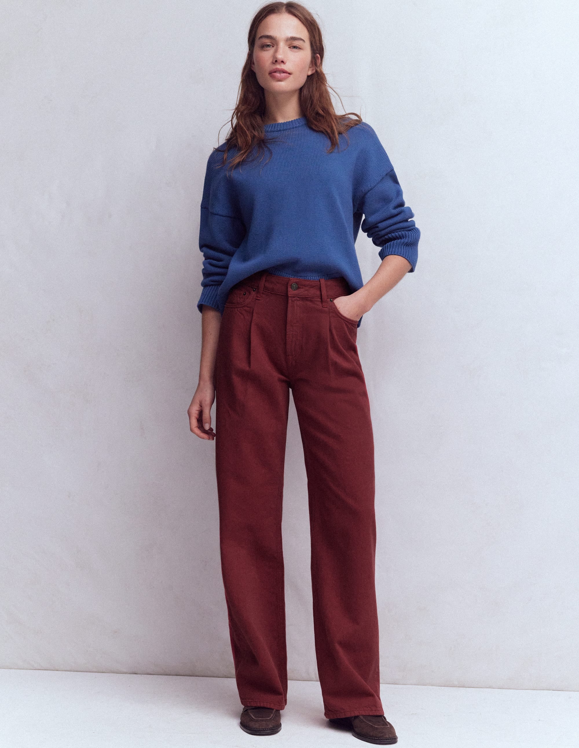 Jeans mit hohem Bund, weitem Bein und Faltendetail-Braun-Orange