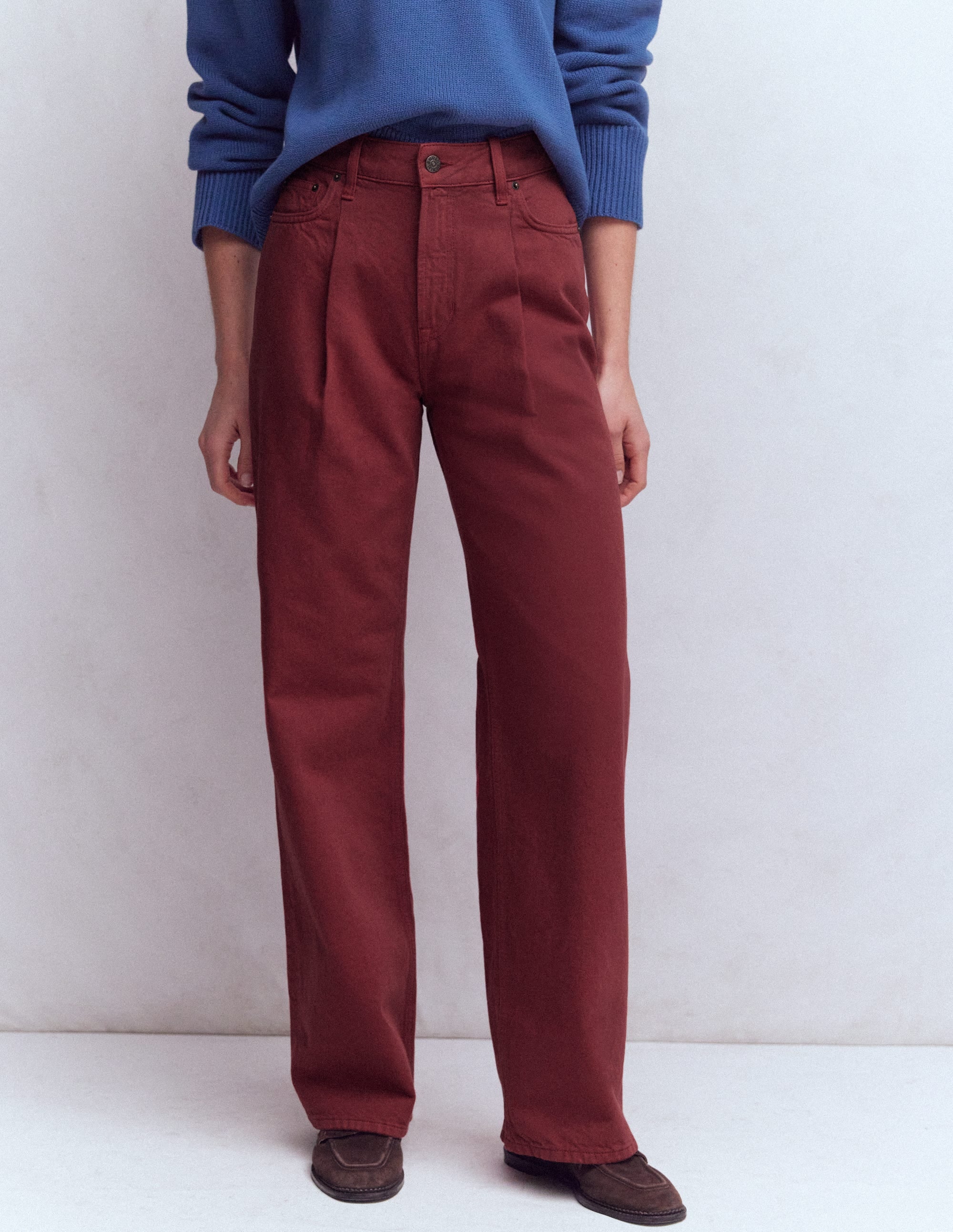 Jeans mit hohem Bund, weitem Bein und Faltendetail-Braun-Orange - Image 4