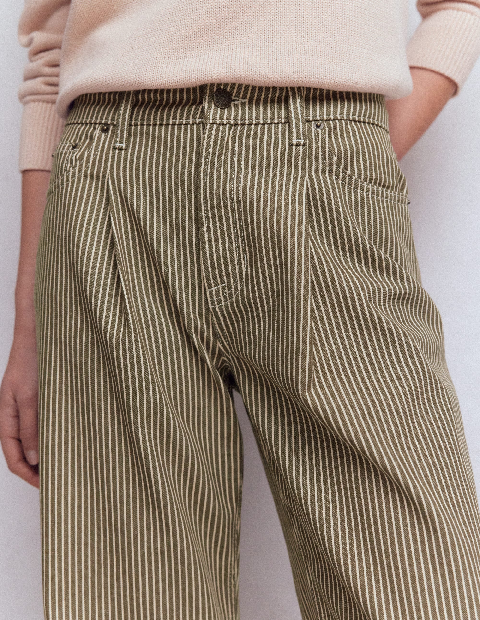 Jeans mit hohem Bund, weitem Bein und Faltendetail-Olivgrün Beige Streifen - Image 2