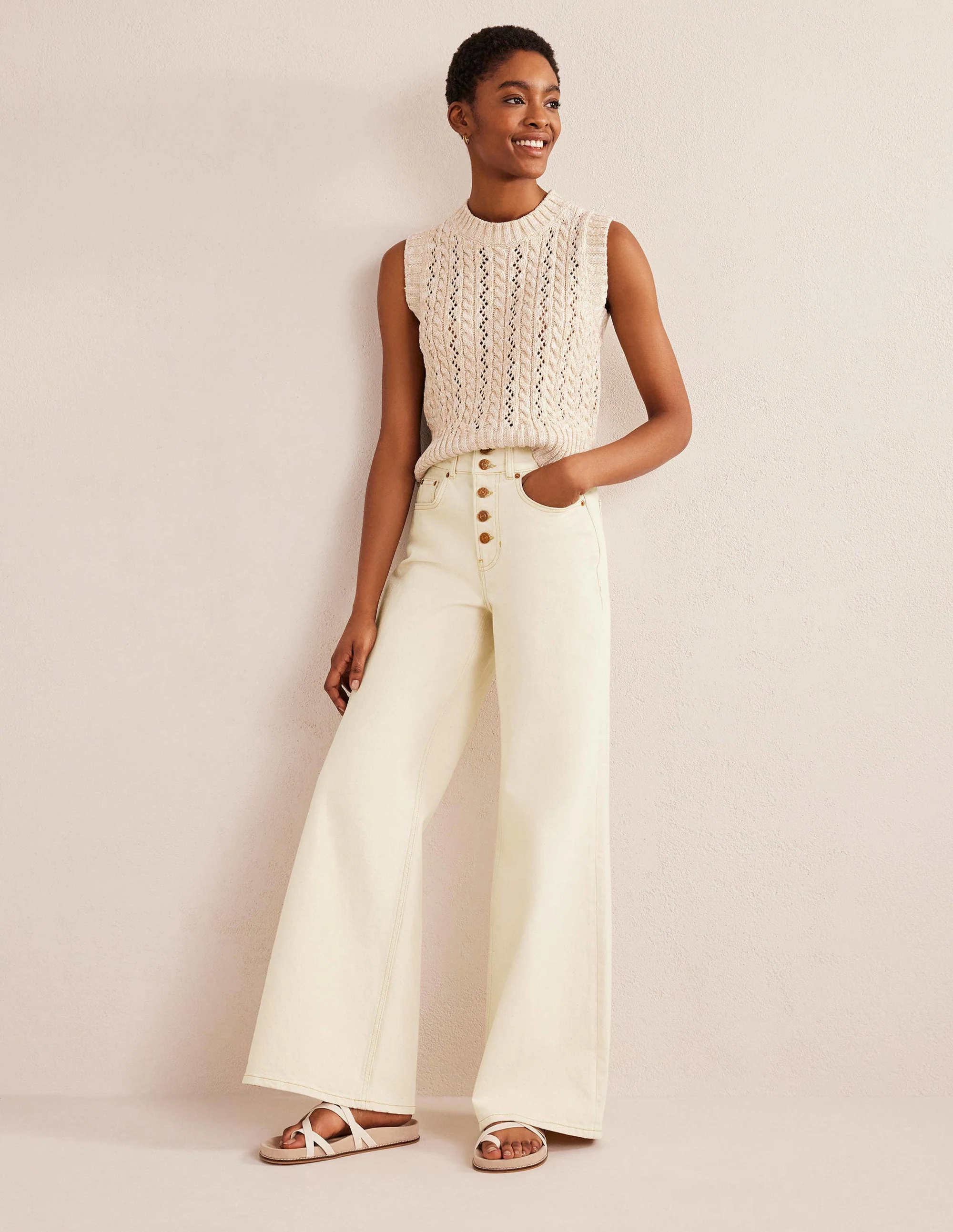 Jeans mit weitem Bein und ultrahoher Taille-Ecru