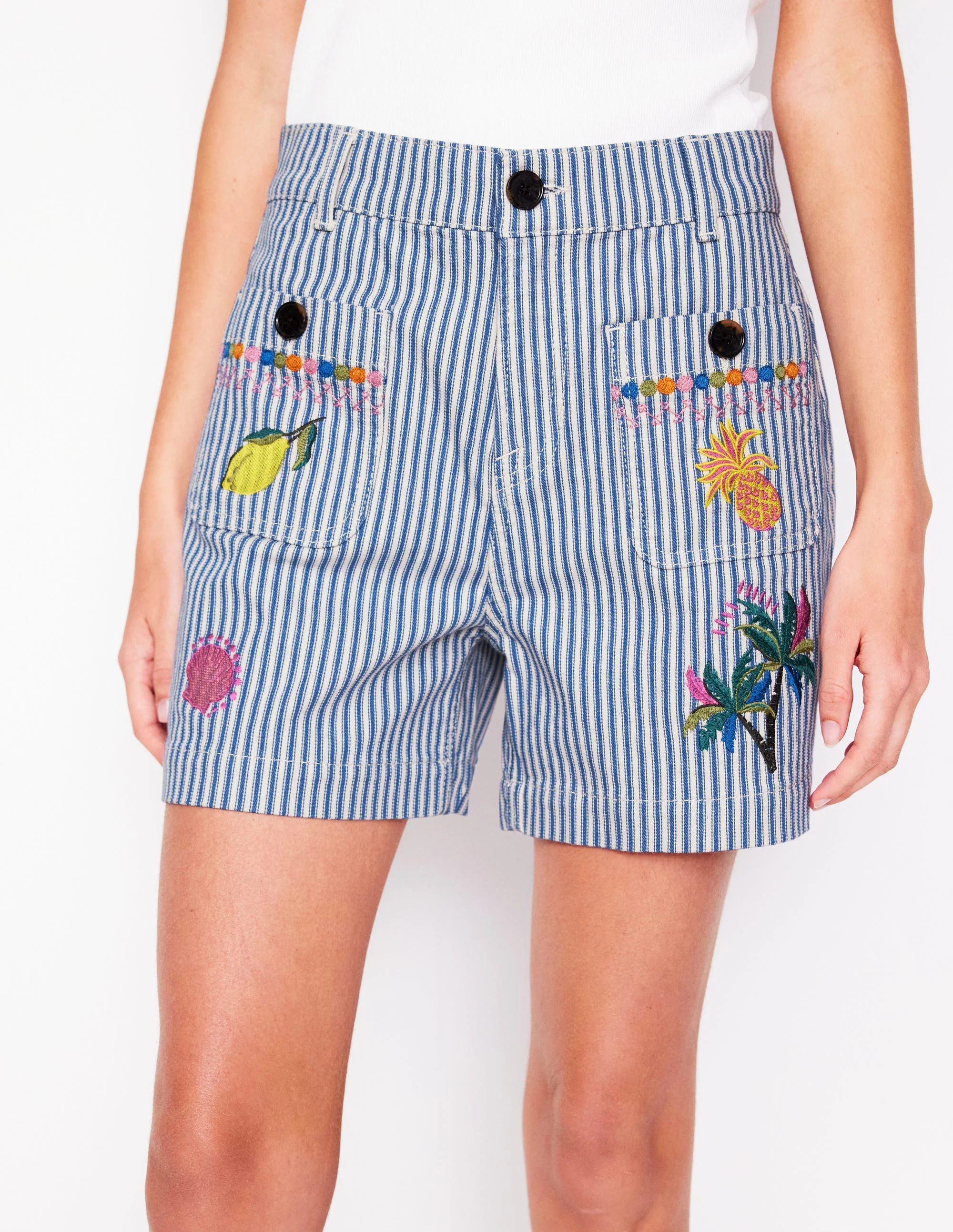 Jeansshorts mit Taschen vorn-Drillich Streifen Stickerei - Image 5