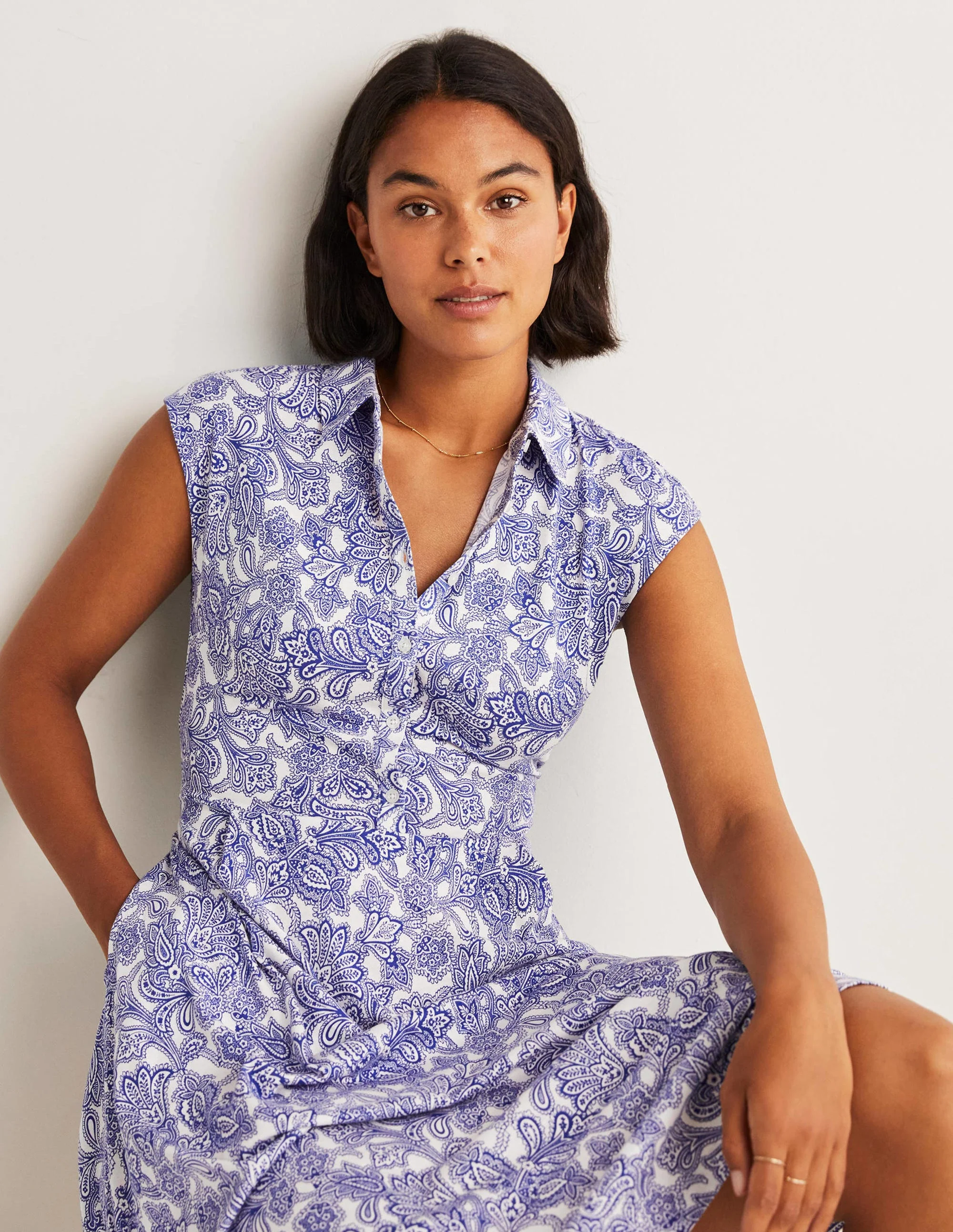 Jersey-Hemdblusenkleid mit Taillengürtel-Meeresblau, Paisley-Knospen - Image 4