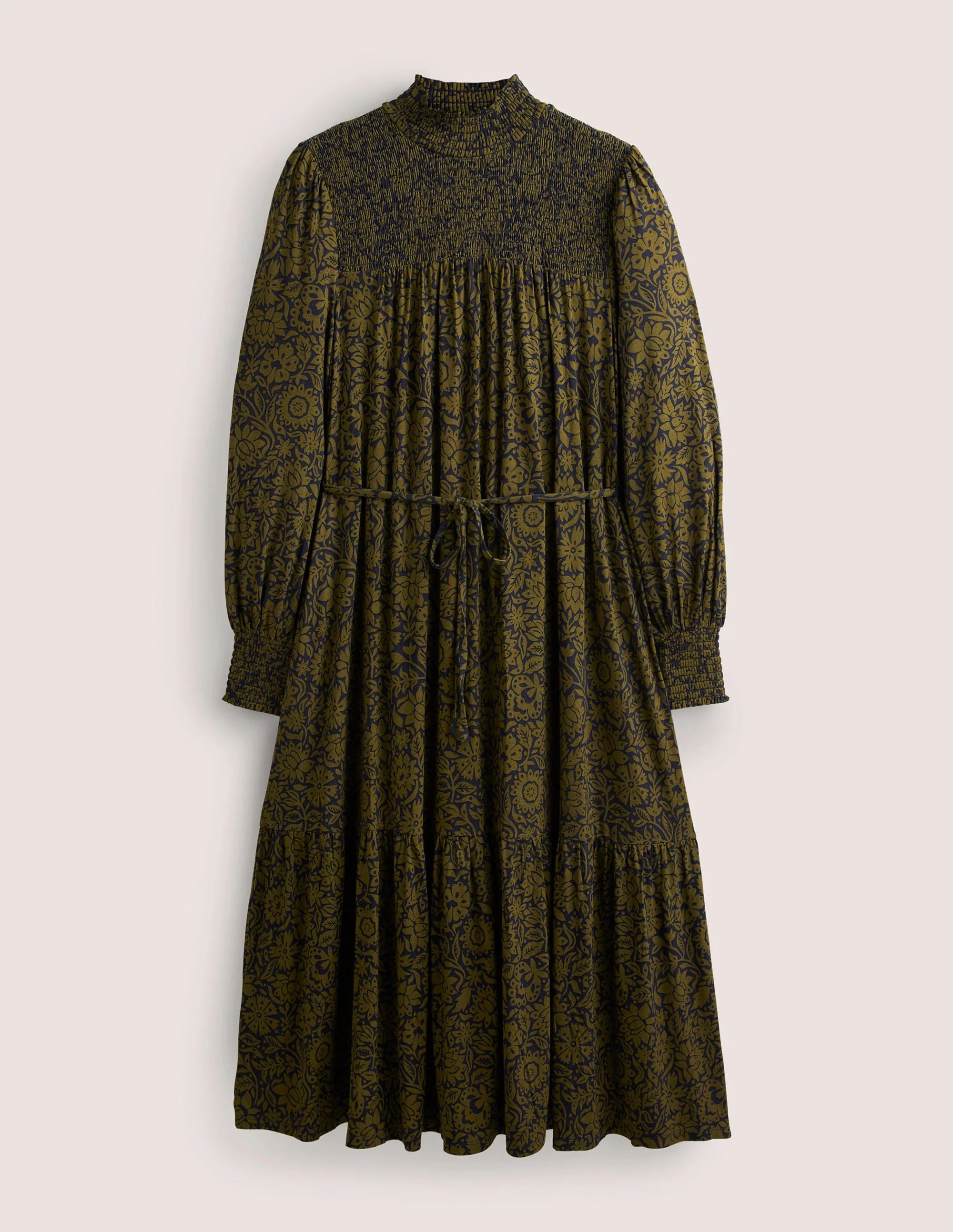 Jersey-Maxikleid mit hohem Kragen-Basilikumgrün, Blättriges Blumenmuster - Image 6
