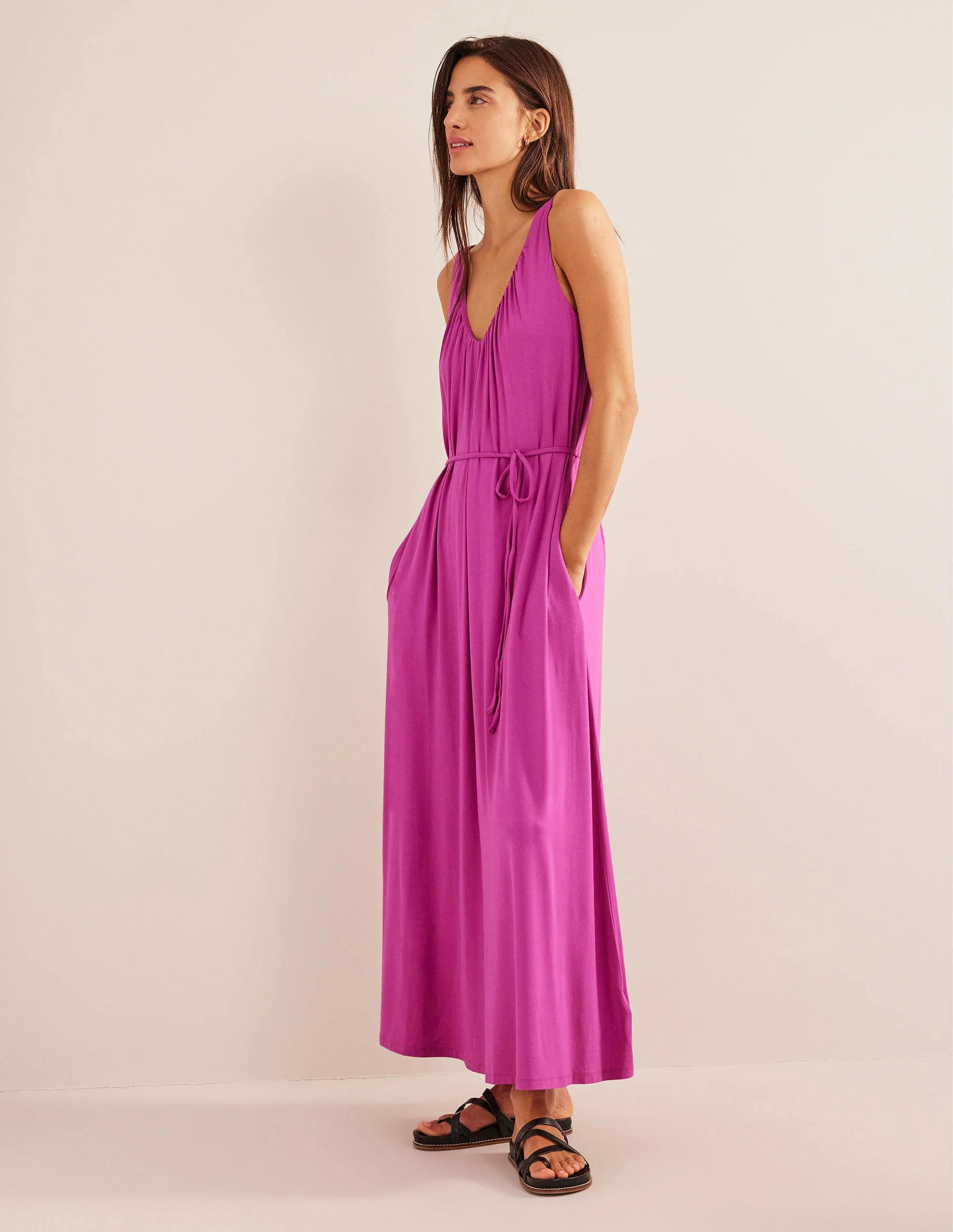 Jersey-Maxikleid mit V-Ausschnitt-Magenta