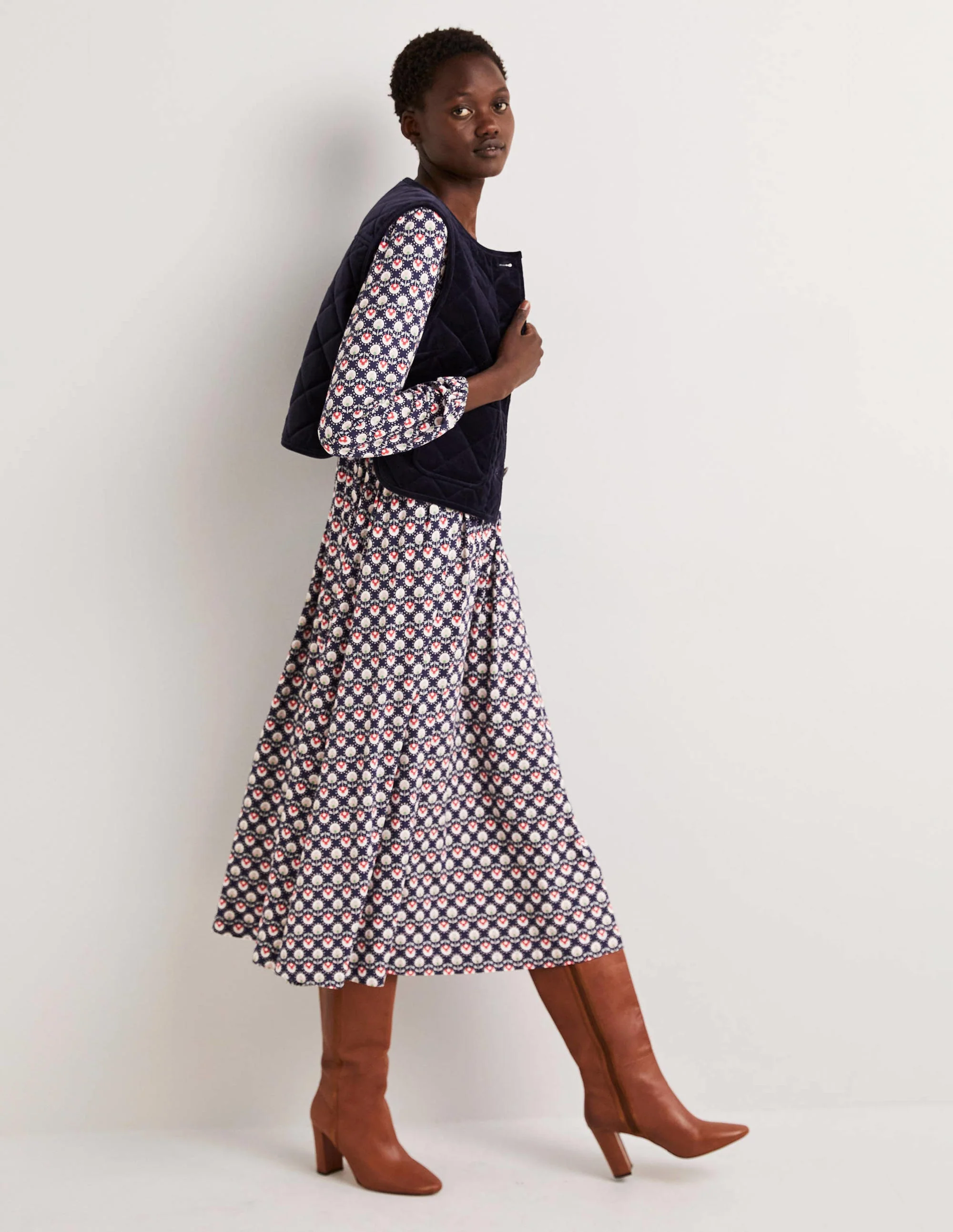 Jersey-Midikleid mit langen Ärmeln-Französisches Navy, Knospenmuster - Image 5