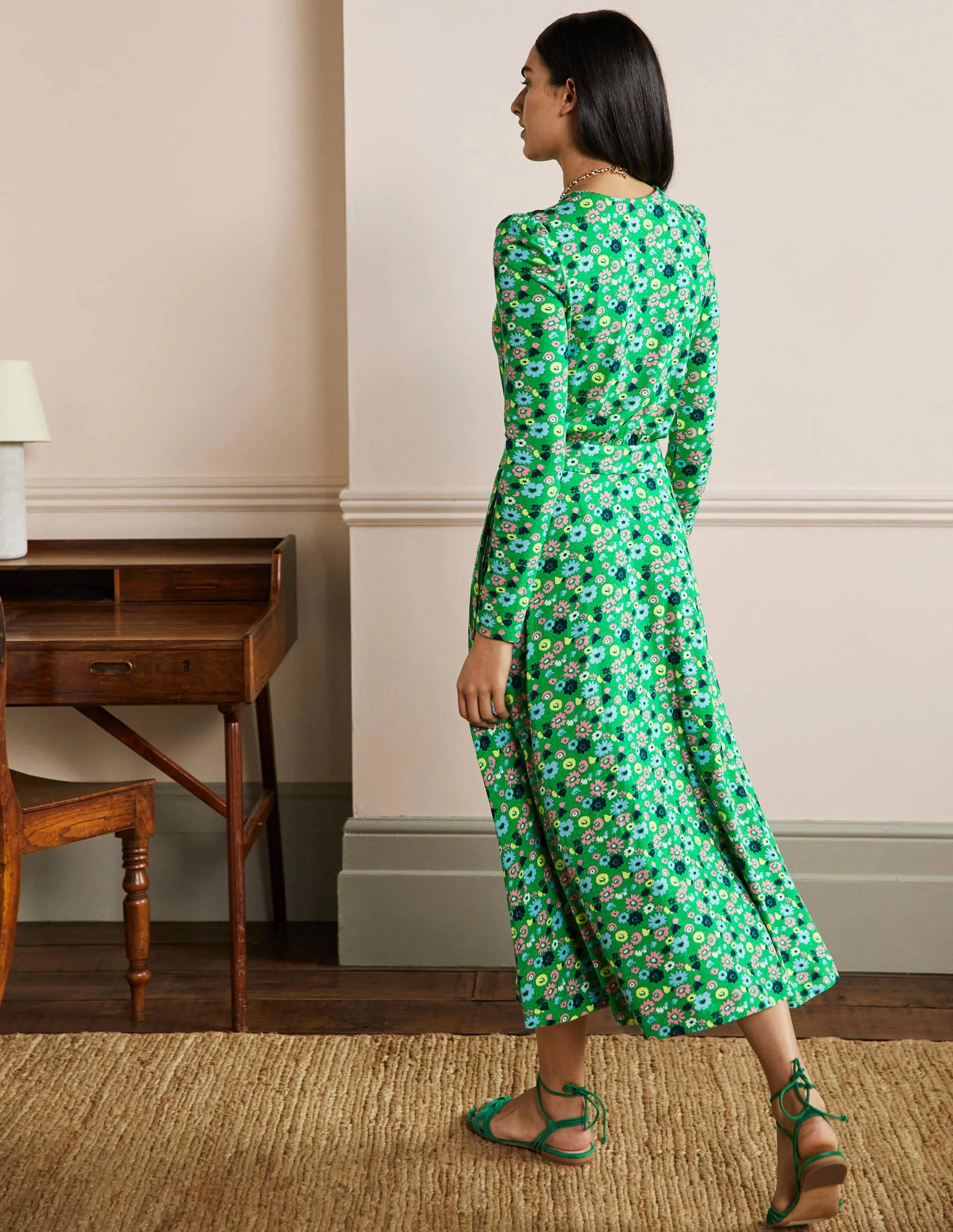 Jersey-Midikleid mit Puffärmeln-Sattes Smaragdgrün, Elegante Blüten - Image 3