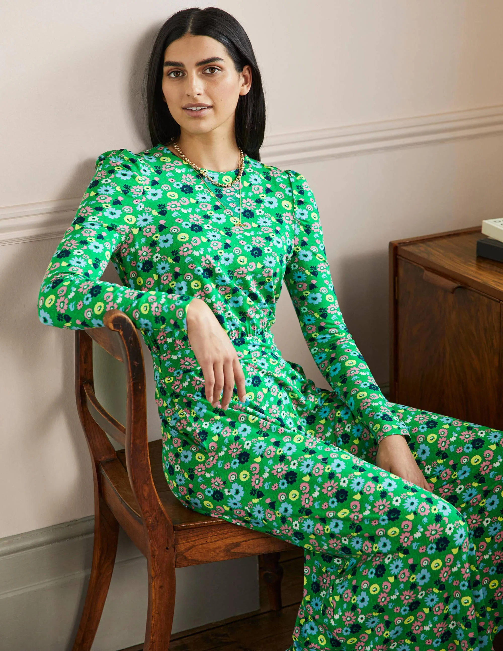 Jersey-Midikleid mit Puffärmeln-Sattes Smaragdgrün, Elegante Blüten - Image 4