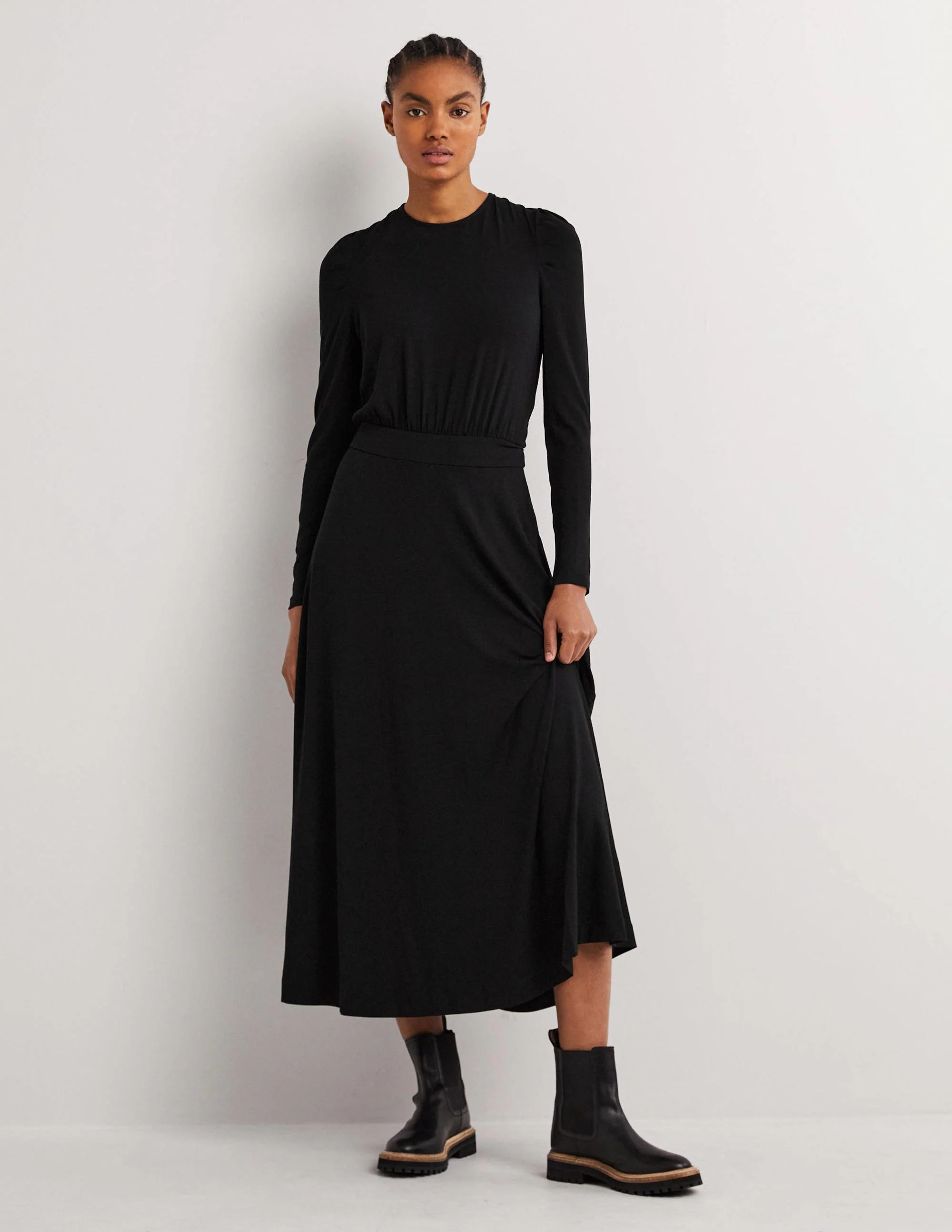 Jersey-Midikleid mit Puffärmeln-Schwarz