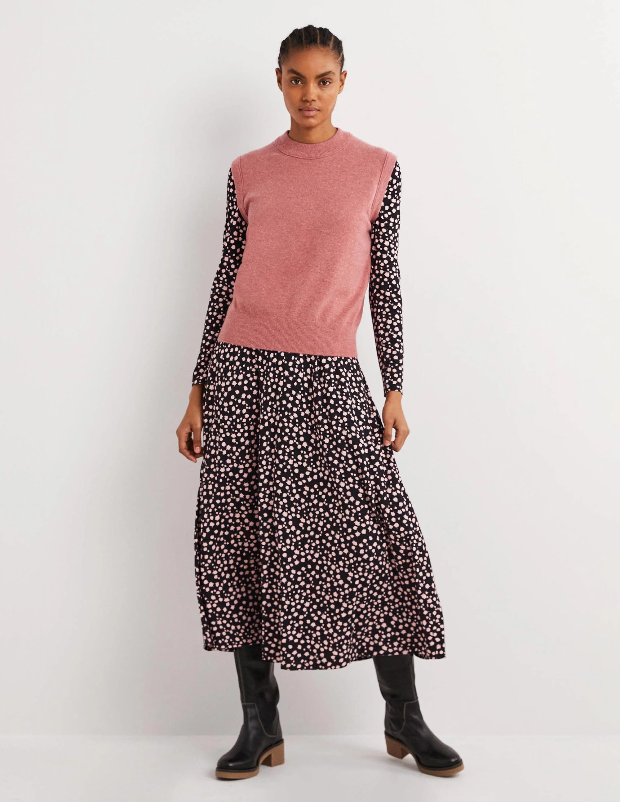Jersey-Midikleid mit Puffärmeln-Schwarz, Fallende Knospen - Image 5