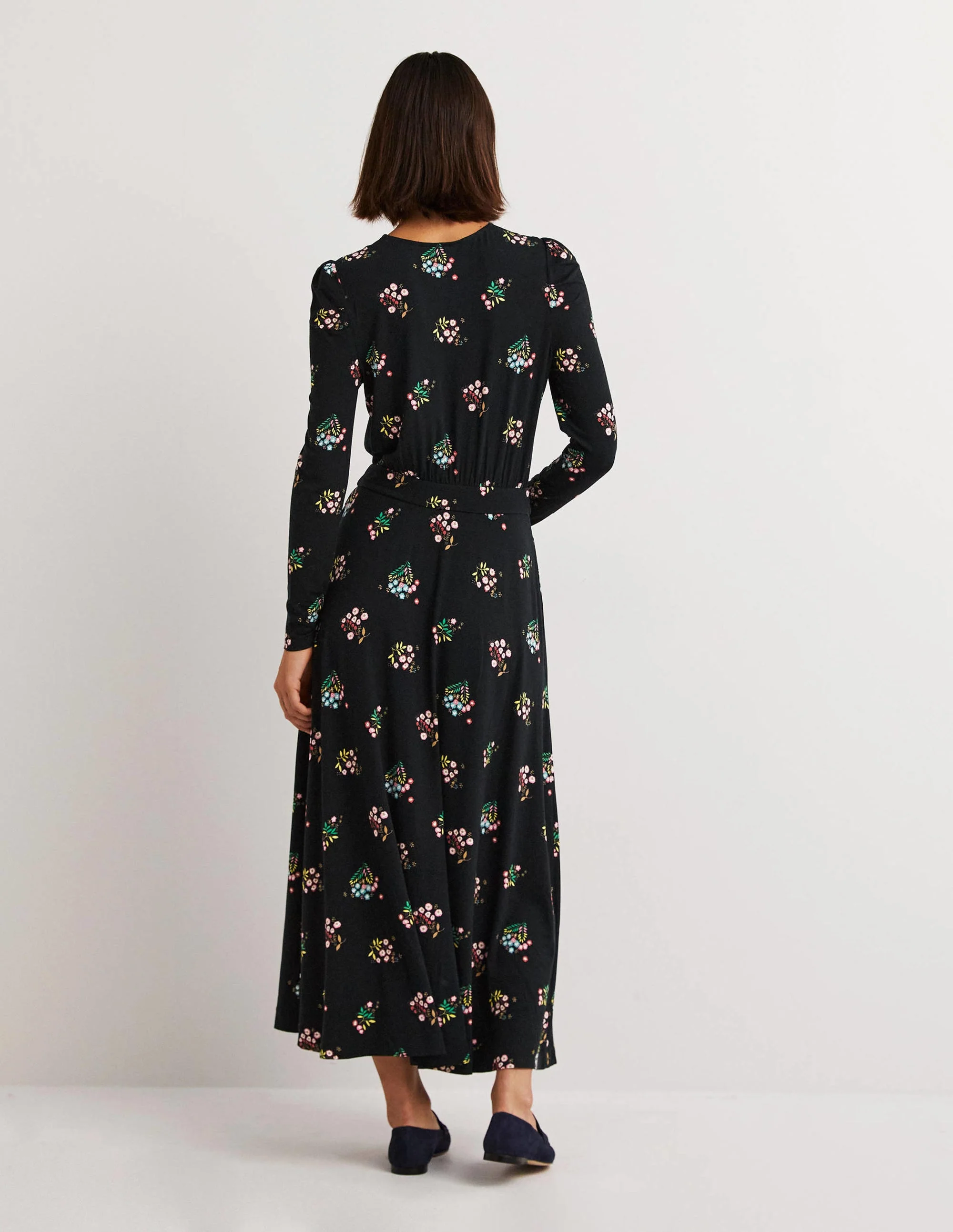 Jersey-Midikleid mit Puffärmeln-Schwarz, Zarte Zweige - Image 3