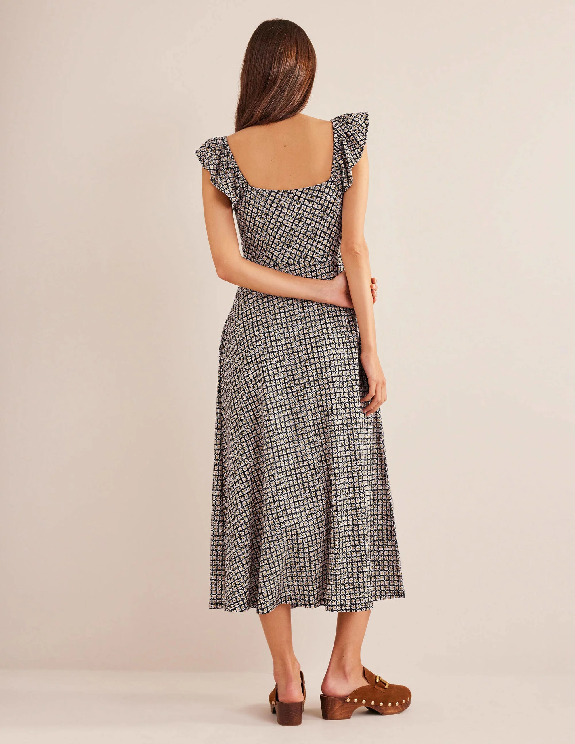 Jersey-Midikleid mit Rüschen-Schwarz, Blütenknospen - Image 4