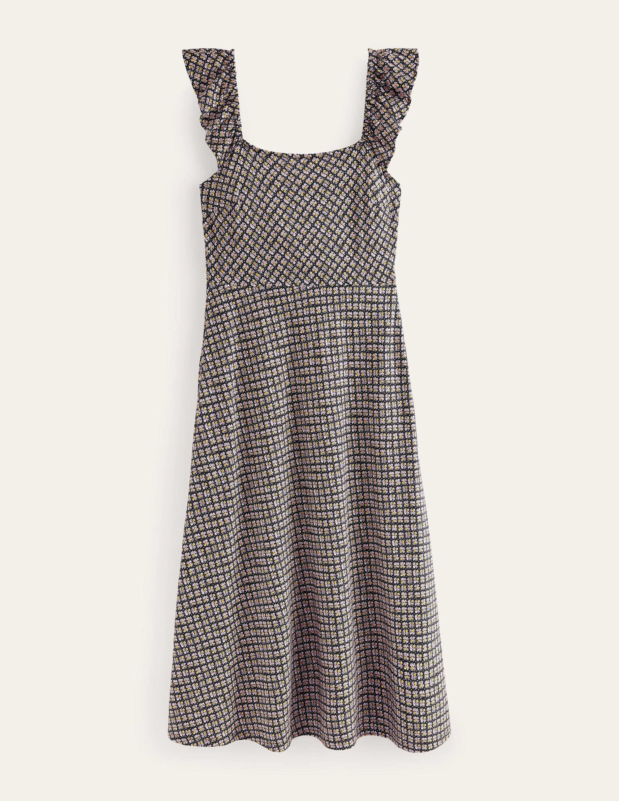 Jersey-Midikleid mit Rüschen-Schwarz, Blütenknospen - Image 5