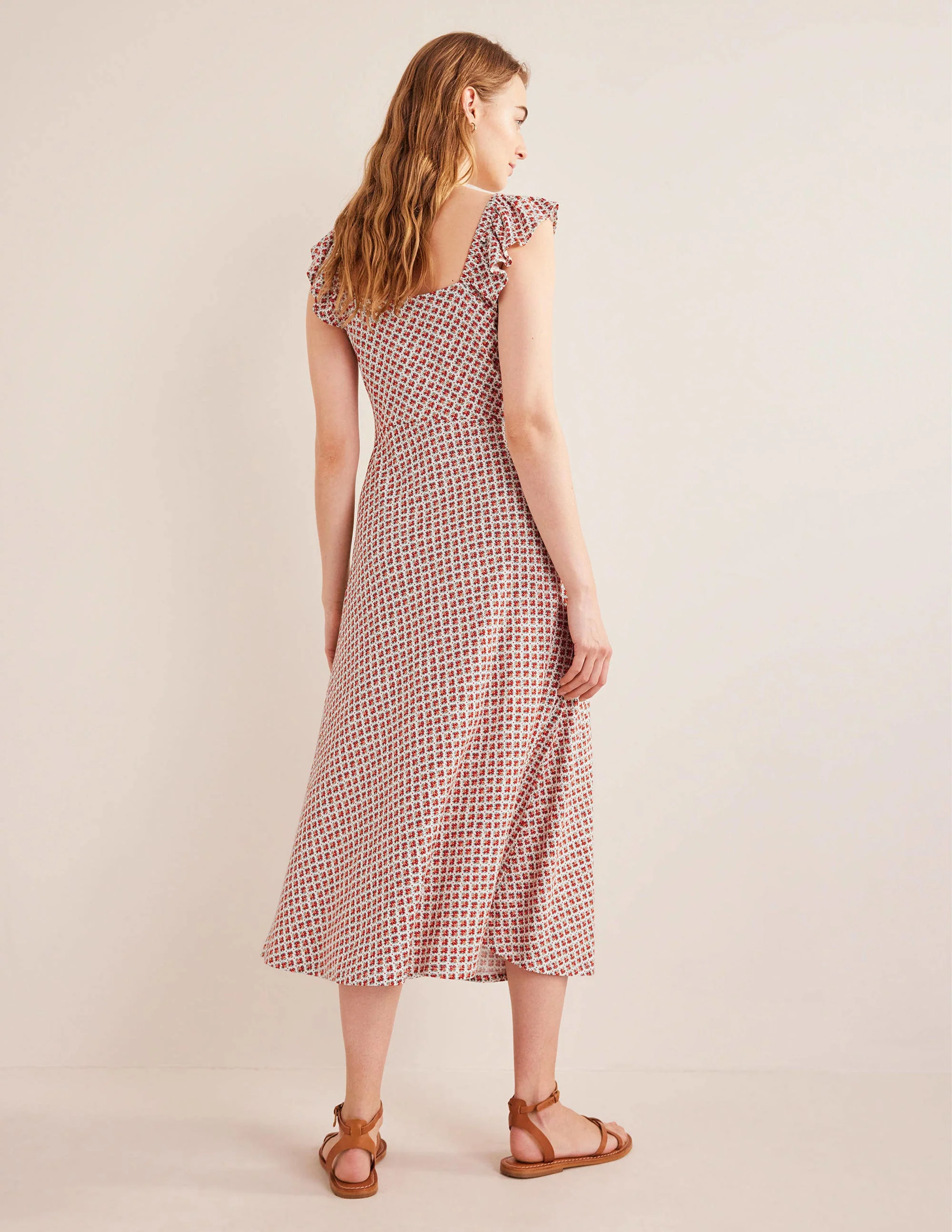 Jersey-Midikleid mit Rüschen-Zinnoberrot, Blütenknospen - Image 3