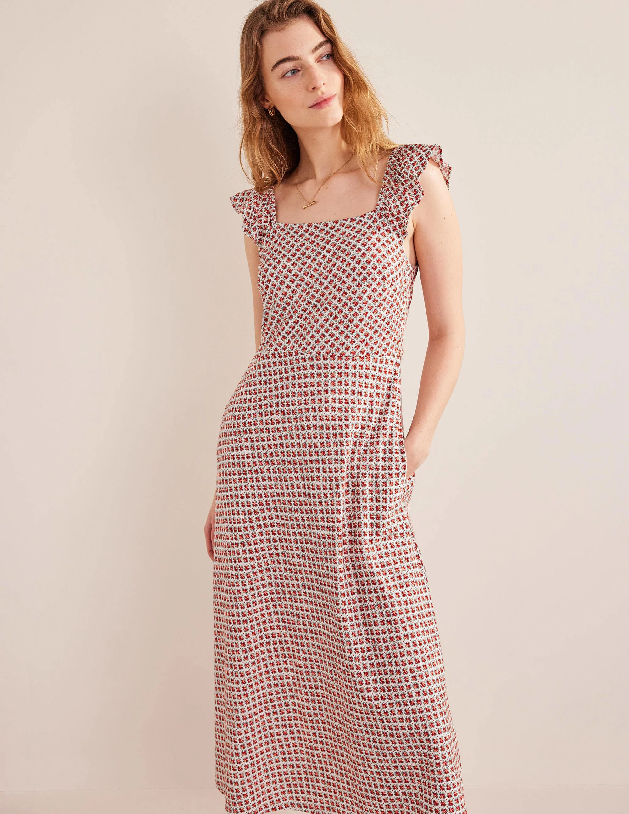 Jersey-Midikleid mit Rüschen-Zinnoberrot, Blütenknospen - Image 4
