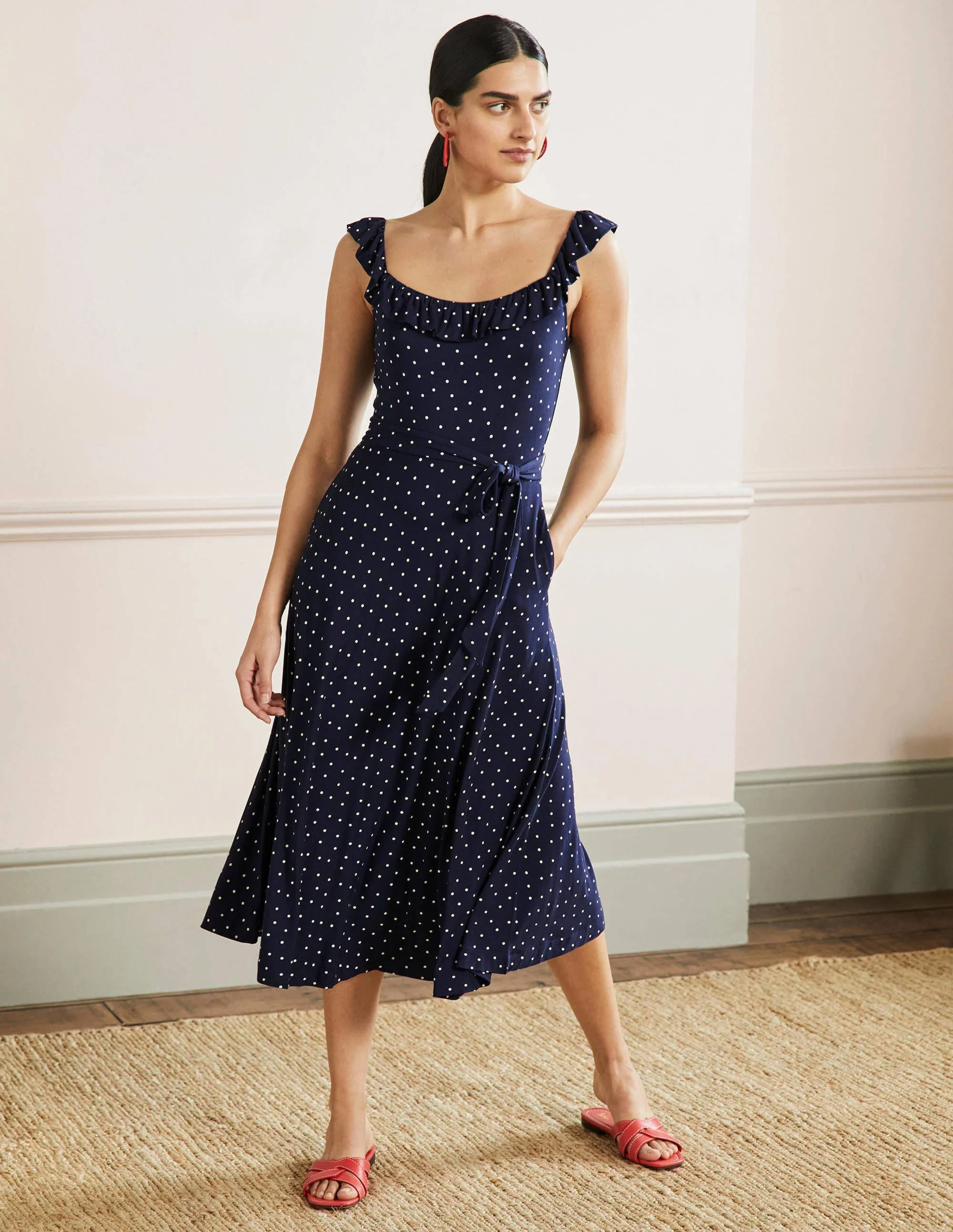 Jersey-Midikleid mit Rüschenkragen-Französisches Navy, Pünktchen