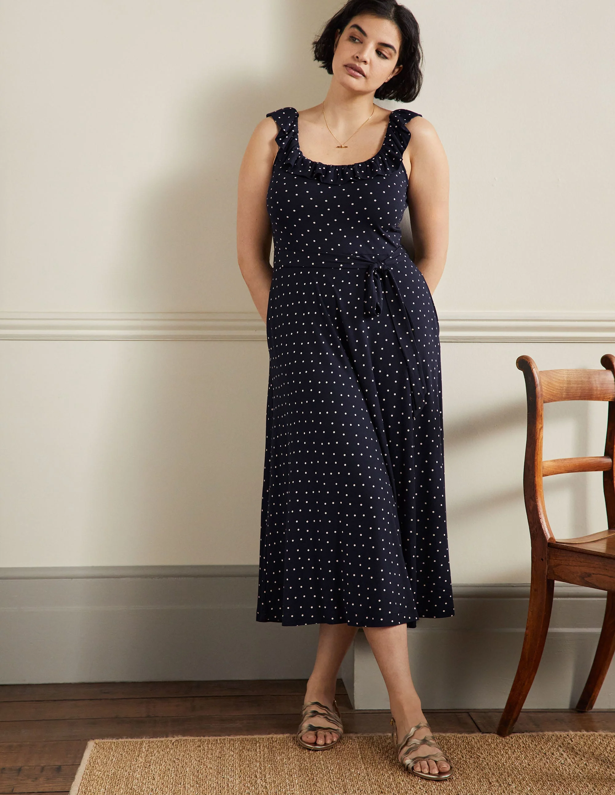 Jersey-Midikleid mit Rüschenkragen-Französisches Navy, Pünktchen - Image 6