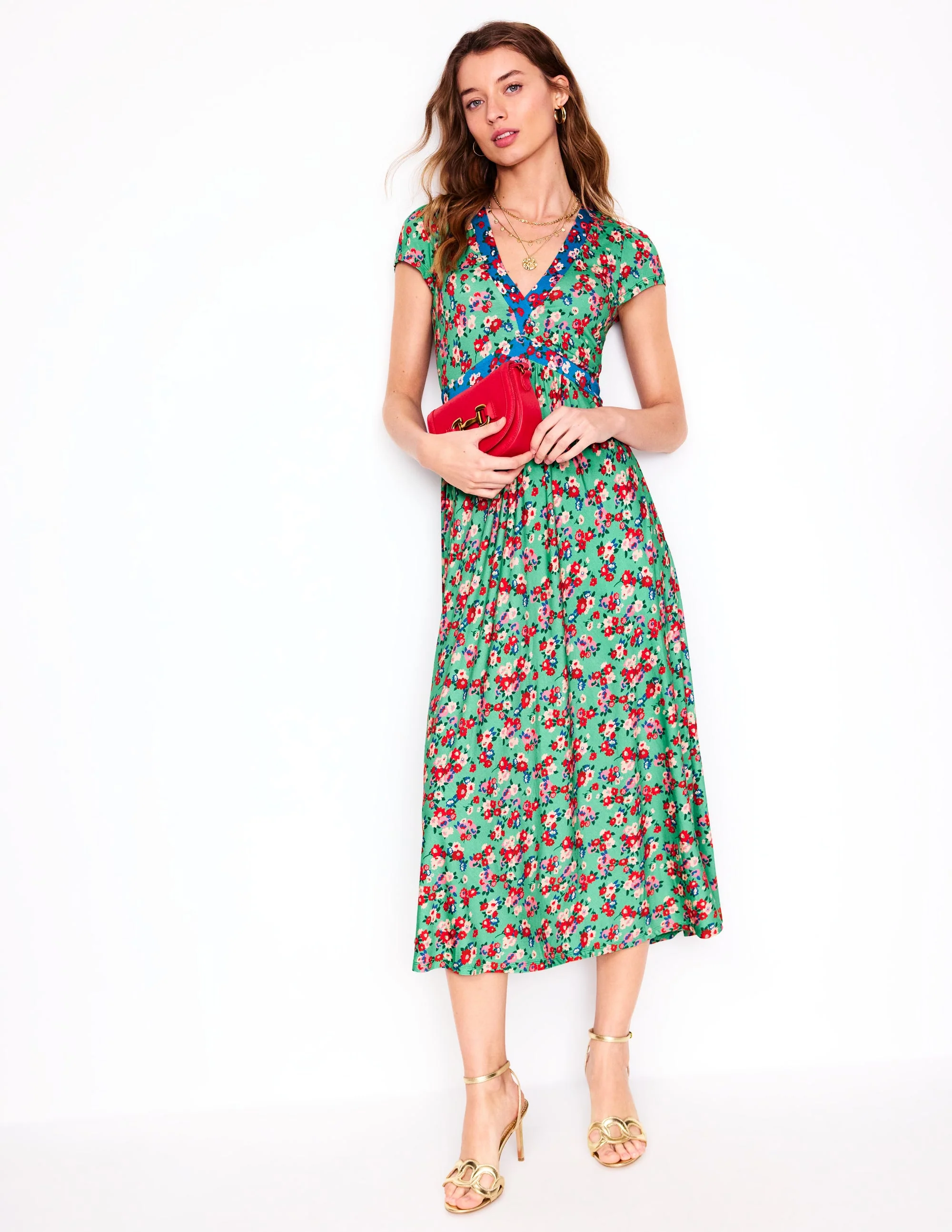 Jersey-Midikleid mit schrägem Rock-Jade, Kleiner Blumenstrauß