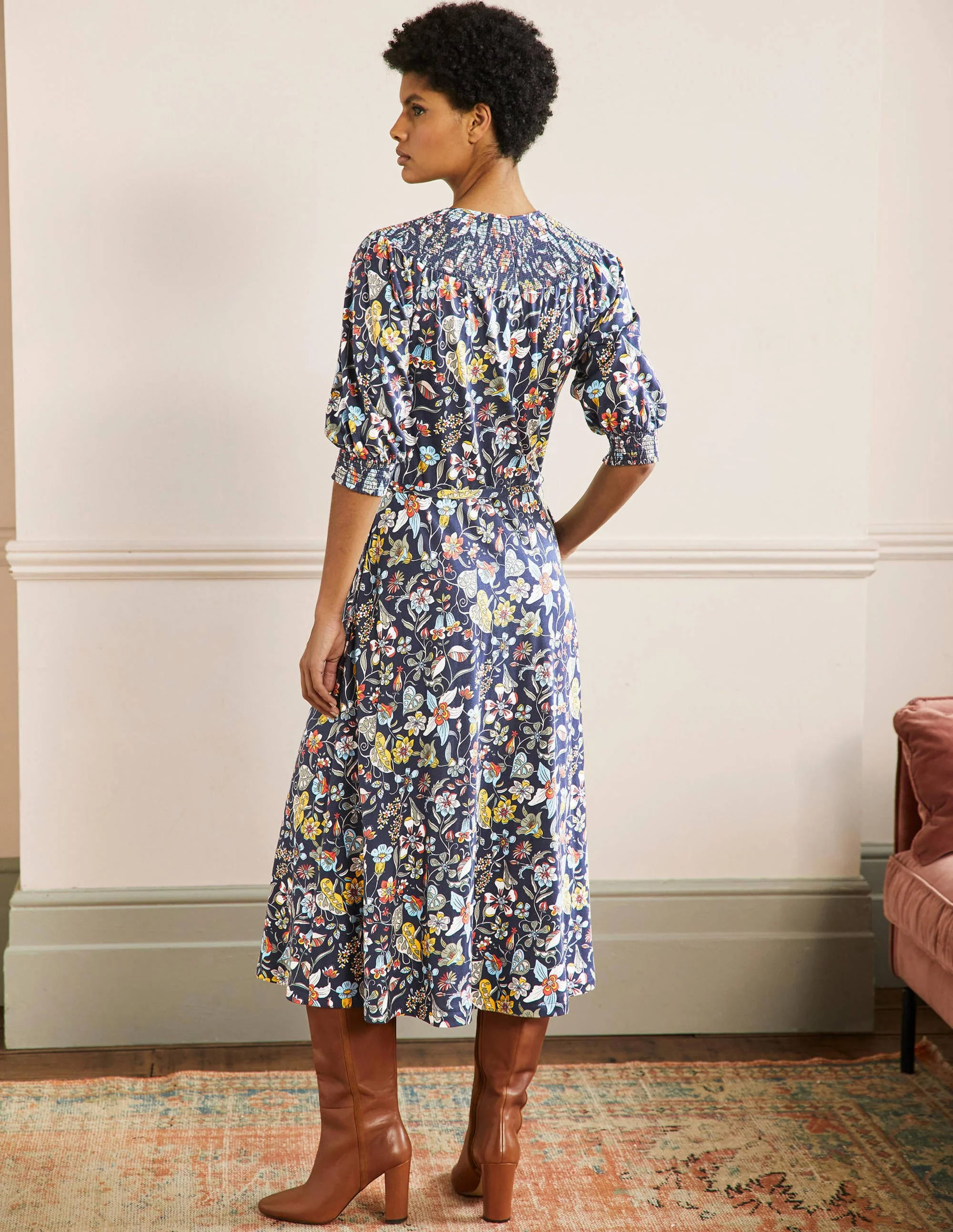Jersey-Midikleid mit Smokausschnitt-Französisches Navy, Blumenmuster - Image 3