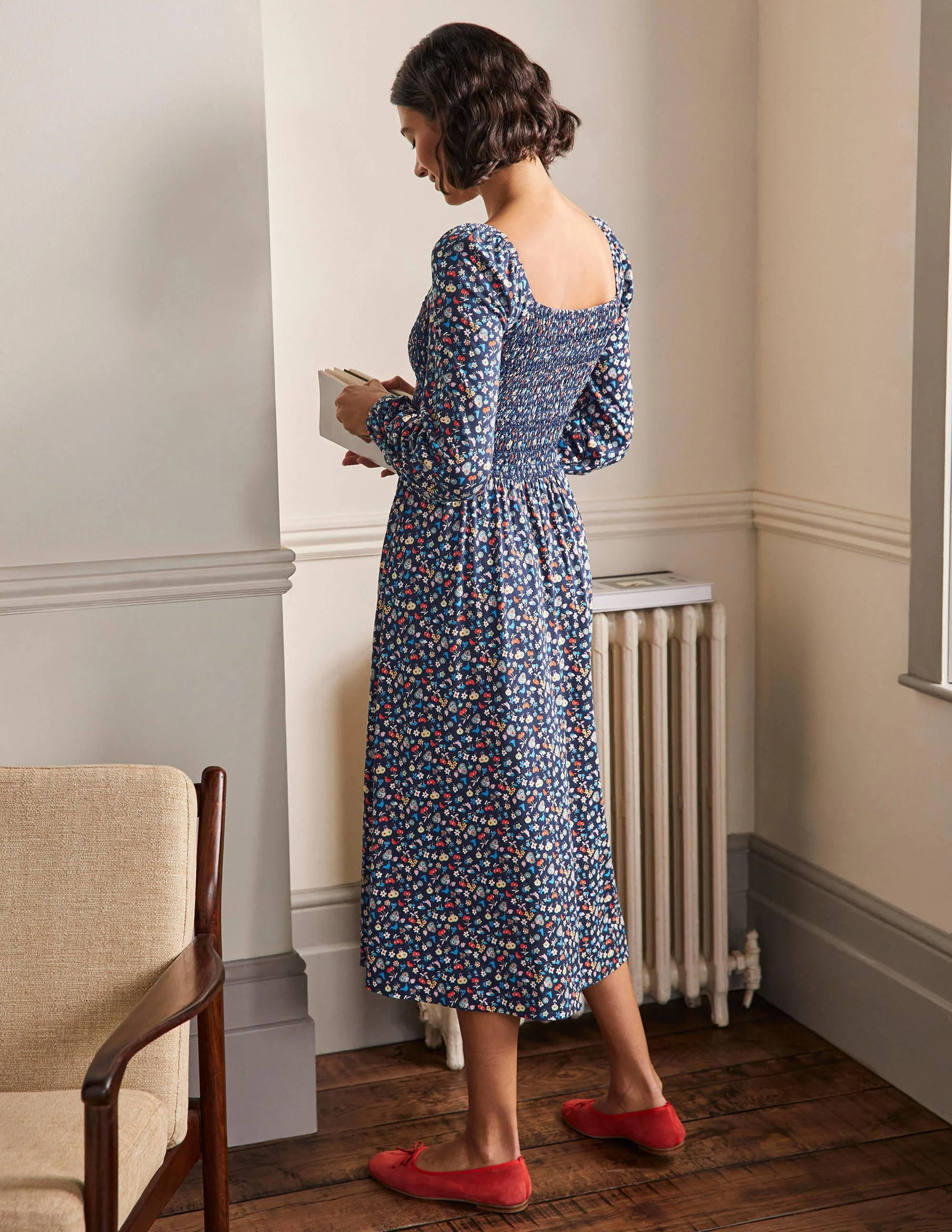 Jersey-Midikleid mit Smokdetail-Navy, Waldknospen - Image 3